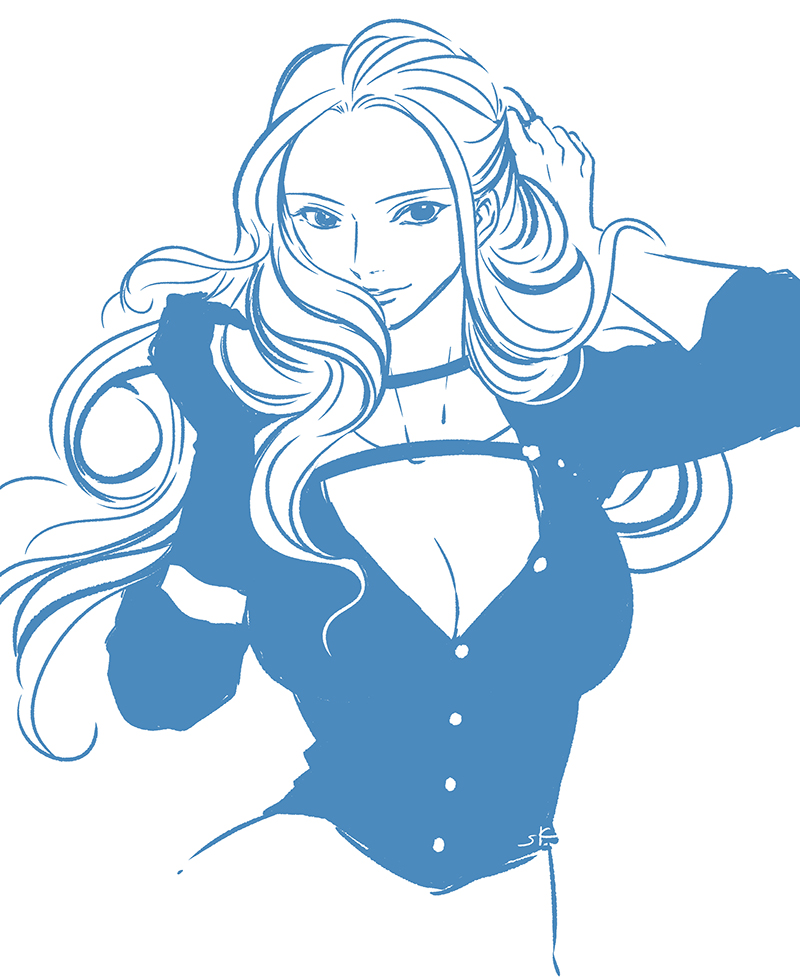 tazan, nefertari vivi, one piece, 1girl, breasts, choker, gloves, half updo, large breasts, long hair, looking at viewer, monochrome, simple background, single glove, smile, solo, upper body