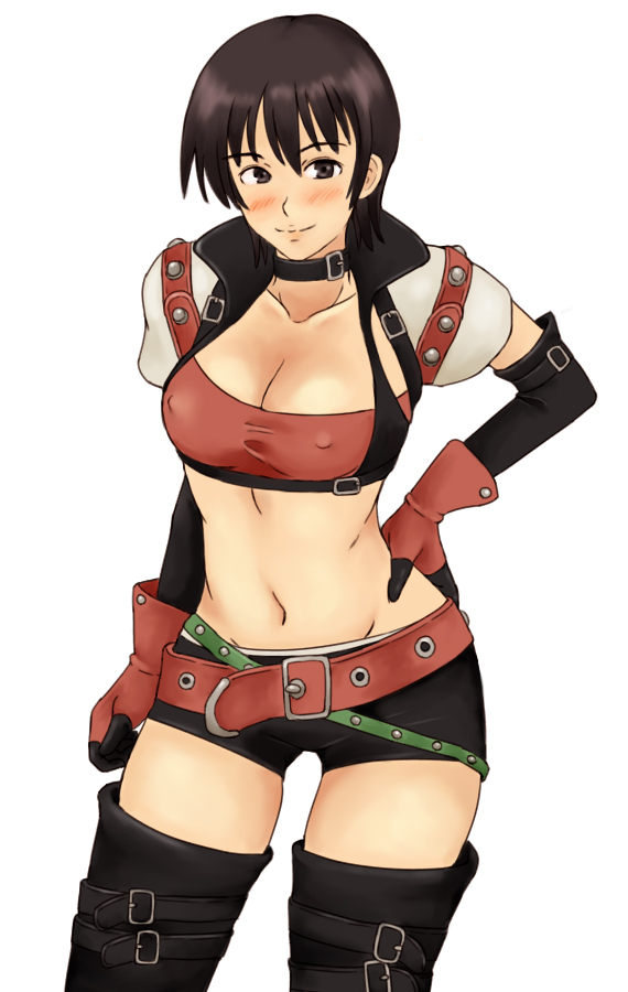 momo 765, rirakukan, rutee katrea, tales of (series), tales of destiny, black neckwear, 1girl, armor, bandeau bikini, belt, belt skirt, black eyes, black hair, blush, boots, breasts, choker, elbow gloves, gloves, large breasts, short hair, shorts, spandex, sports bra, thigh boots, thighhighs