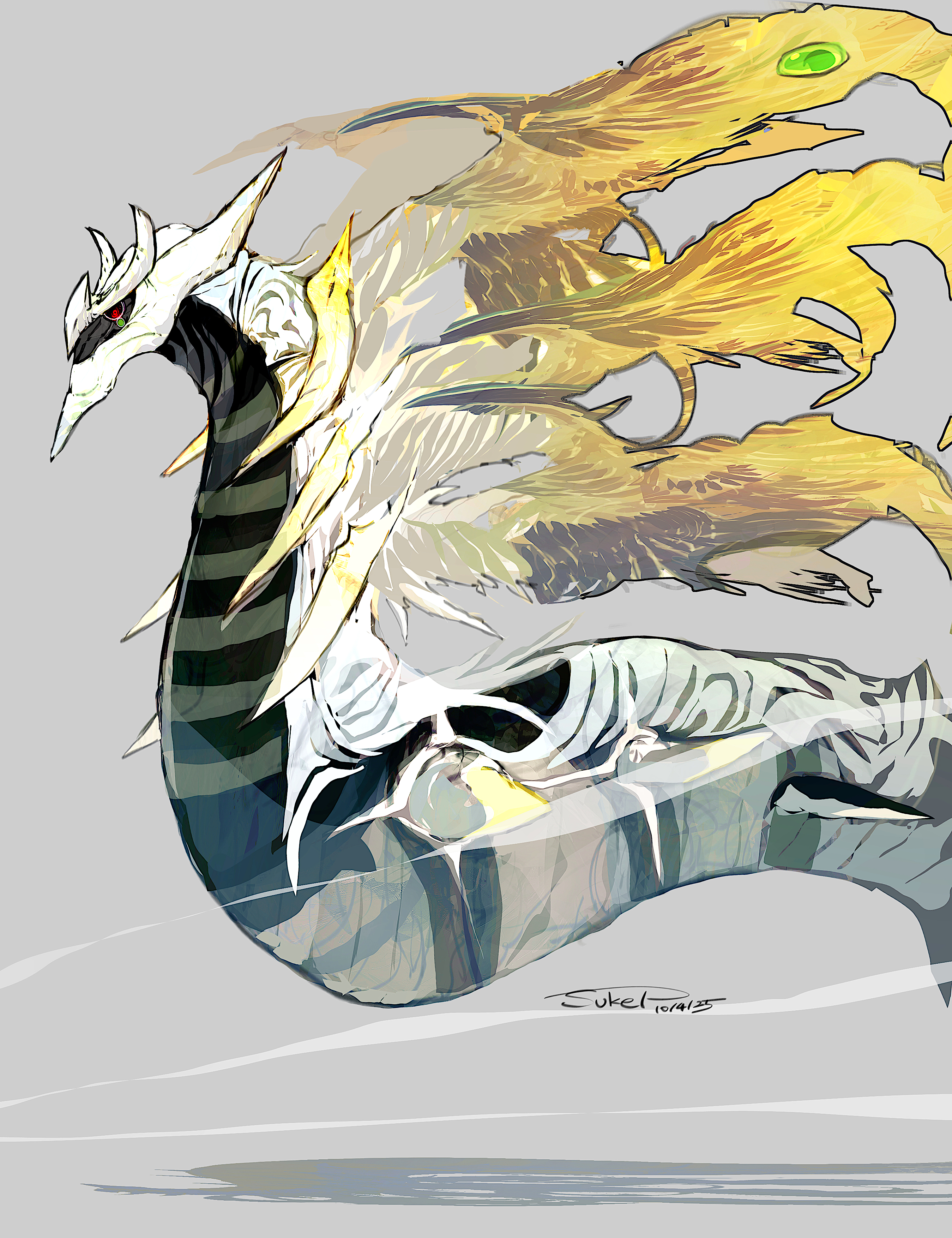 sukepmonster, giratina, giratina (origin), nintendo, pokemon, absurdres, highres, 1other, dated, floating, gen 4 pokemon, grey background, legendary pokemon, no humans, pokemon (creature), red eyes, shadow, signature, solo, wings