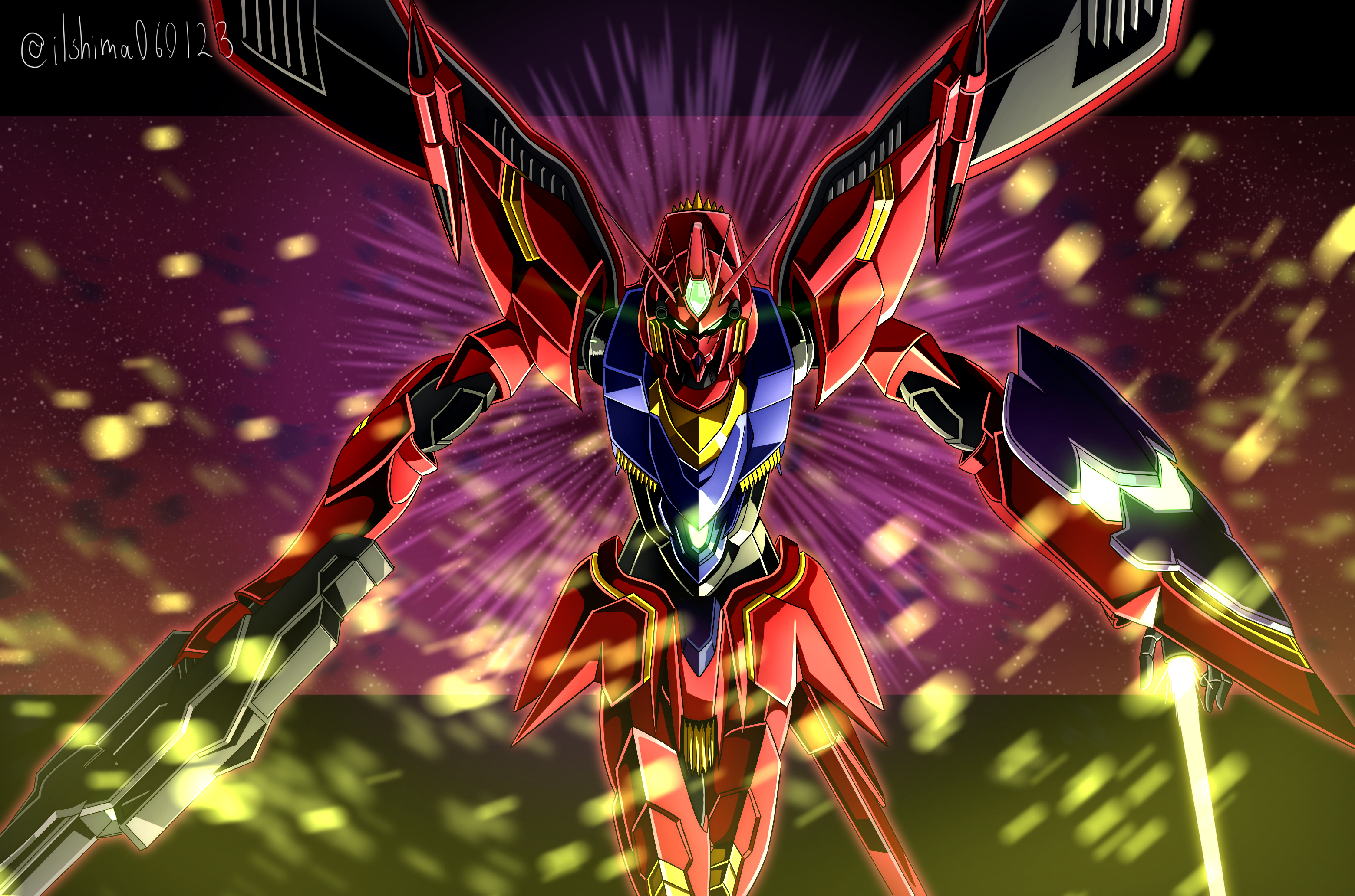 shimashun, gundam legilis, gundam, gundam age, highres, green eyes, gun, gundam legilis (memory of eden), holding, holding gun, holding weapon, humanoid robot, letterboxed, light particles, mecha, mobile suit, no humans, outside border, robot, shield, solo, twitter username, v-fin, weapon, wings