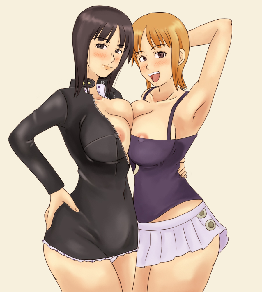 momo 765, rirakukan, nami (one piece), nami (one piece) (water 7), nico robin, nico robin (water 7), one piece, 2girls, arms behind back, black eyes, black hair, blonde hair, blunt bangs, blush, breast press, breasts, brown eyes, dress, hug, large breasts, midriff, miniskirt, multiple girls, nipple slip, nipples, no bra, panties, pantyshot, skirt, symmetrical docking, underwear, white skirt