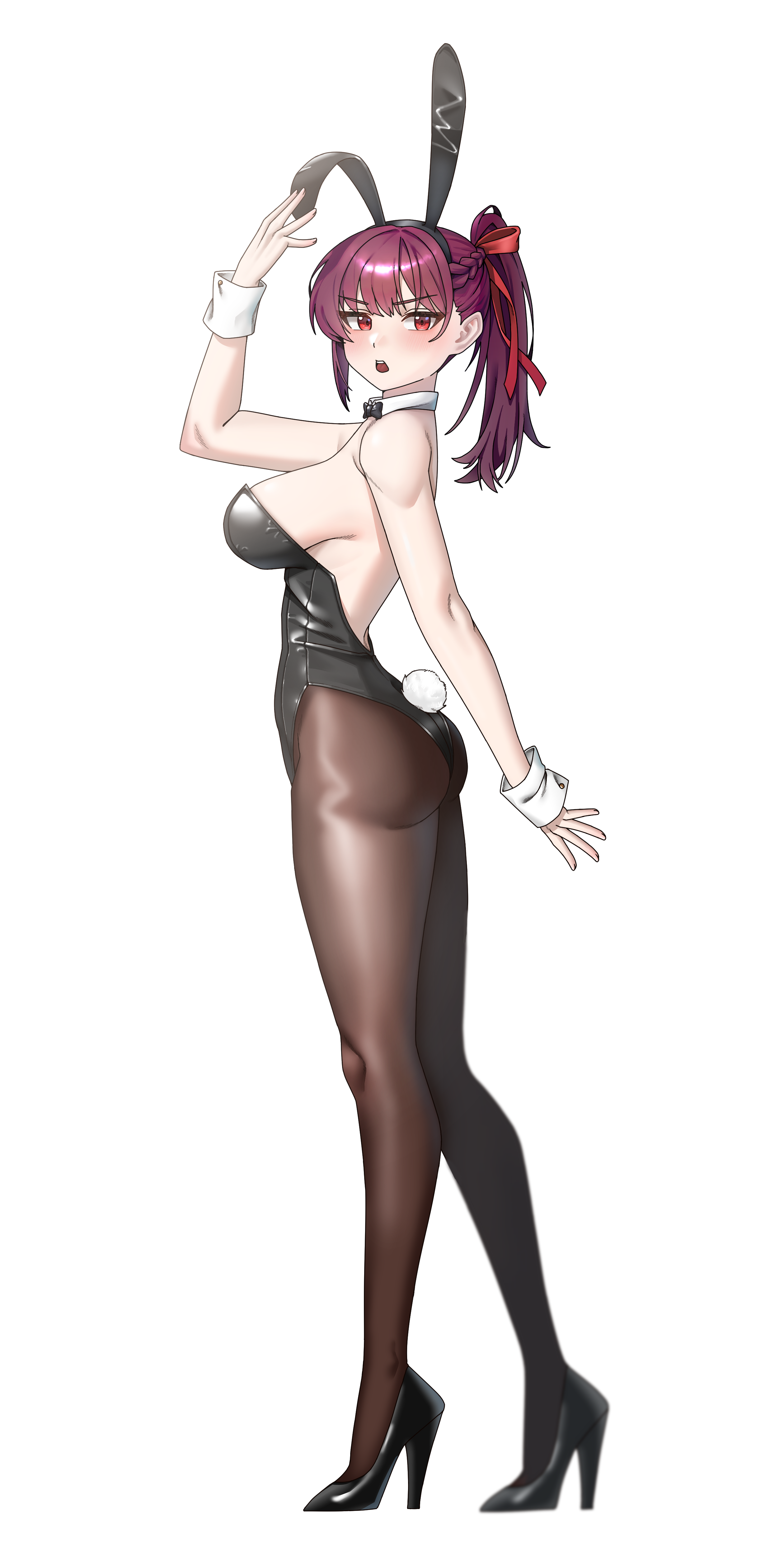 park ppaeng i, makiatto (girls' frontline 2), wa2000 (girls' frontline), girls' frontline, girls' frontline 2: exilium, absurdres, commentary request, highres, korean commentary, 1girl, alternate costume, animal ear hairband, animal ears, arm up, ass, black bow, black bowtie, black leotard, black pantyhose, black shoes, bow, bowtie, breasts, detached collar, fake animal ears, fake tail, from side, full body, hair ribbon, hairband, high heels, large breasts, leotard, long hair, looking at viewer, open mouth, pantyhose, playboy bunny, ponytail, purple hair, rabbit ears, rabbit tail, red ribbon, ribbon, shoes, simple background, solo, standing, strapless, strapless leotard, tail, white background, white wrist cuffs, wrist cuffs
