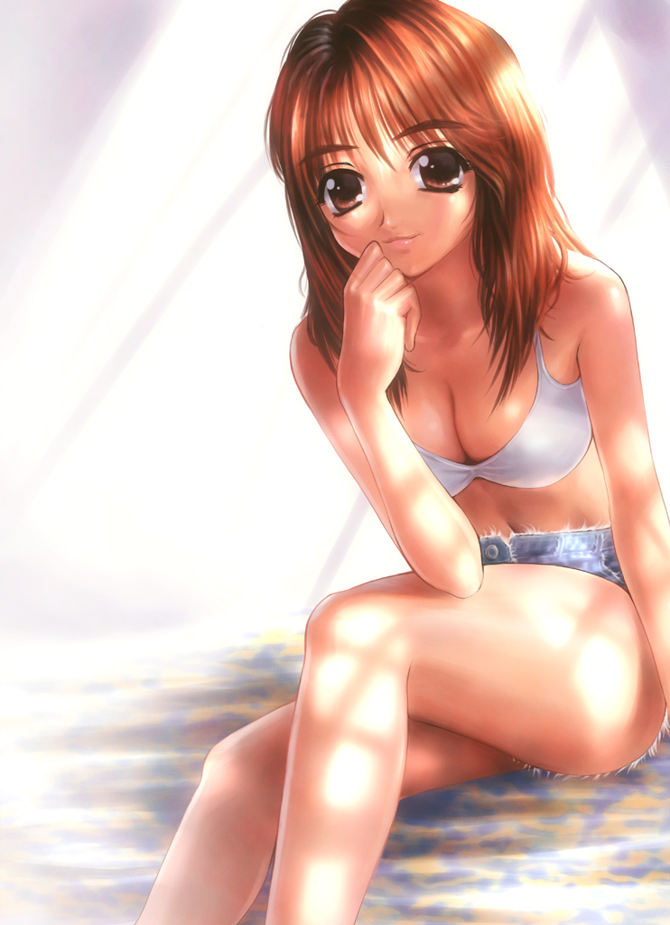 goto p, 1girl, bra, breasts, cleavage, dappled sunlight, denim, denim shorts, female focus, legs, lingerie, midriff, shorts, solo, sunlight, unbuttoned, underwear