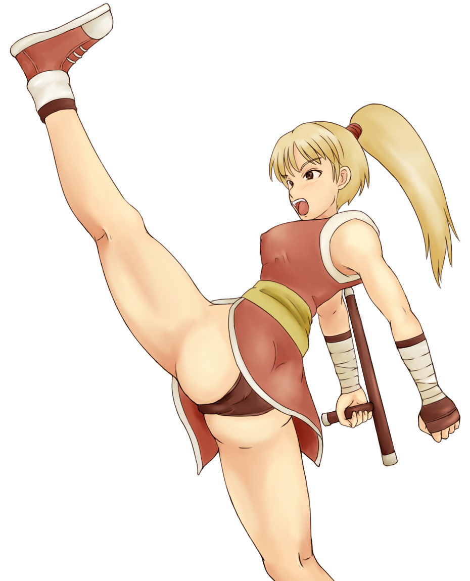 momo 765, rirakukan, genryuusai maki, capcom, final fight, street fighter, 1girl, ass, black panties, blonde hair, blush, brown eyes, dress, female focus, fingerless gloves, gloves, high kick, kicking, panties, pantyshot, ponytail, shoes, sneakers, solo, standing, tonfa, underwear, weapon