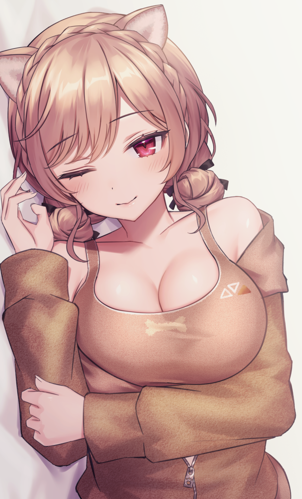 neit ni sei, furen e lustario, furen e lustario (5th costume), nijisanji, commentary request, highres, 1girl, bare shoulders, braid, breasts, brown hair, brown jacket, brown sports bra, cleavage, closed mouth, crown braid, double bun, hair bun, jacket, large breasts, long sleeves, looking at viewer, lying, off shoulder, on side, one eye closed, partially unzipped, red eyes, smile, solo, sports bra, virtual youtuber