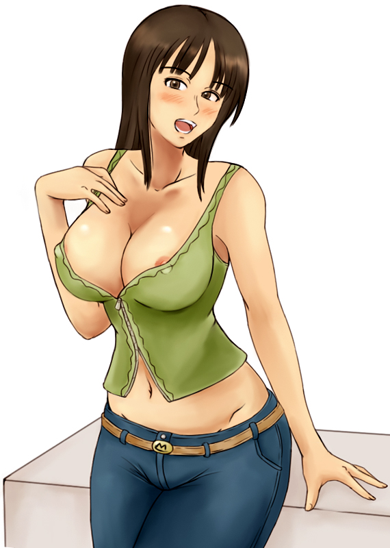 momo 765, rirakukan, nico robin, one piece, 1girl, areola slip, belt, blush, breasts, brown eyes, brown hair, cleavage, covered erect nipples, denim, female focus, jeans, large breasts, long hair, midriff, nipple slip, nipples, pants, sitting, solo