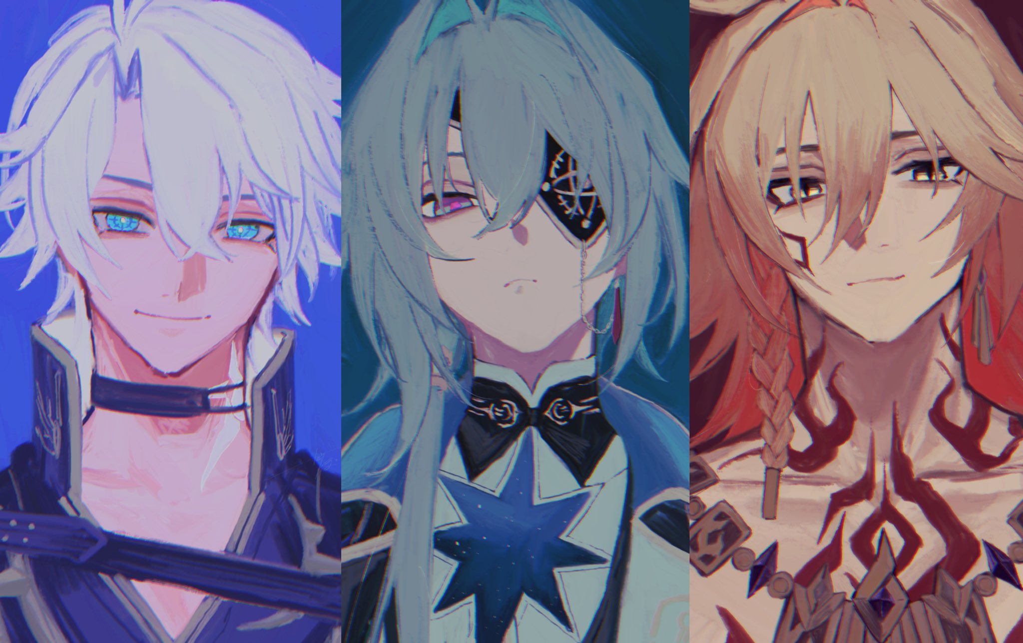 dabodabonogomu, anaxa (honkai: star rail), mydei (honkai: star rail), phainon (honkai: star rail), honkai: star rail, honkai (series), commentary request, highres, 3boys, antenna hair, aqua hair, black choker, black coat, black shirt, black vest, blonde hair, blue eyes, braid, chest tattoo, choker, coat, crystal earrings, earrings, eyepatch, facial tattoo, gold earrings, gold necklace, gradient hair, hair intakes, hair over shoulder, jewelry, looking at viewer, low ponytail, male focus, medium hair, multicolored hair, multiple boys, neck tattoo, necklace, parted bangs, ponytail, red hair, red tattoo, shirt, short hair, side braid, sun symbol, sun tattoo, tan, tattoo, upper body, vest, white hair, white shirt, yellow eyes