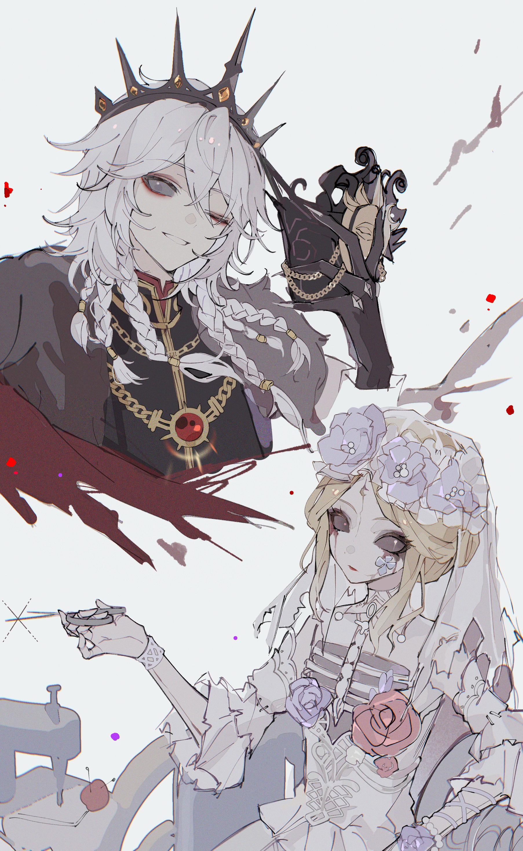 yue (shemika98425261), galatea ("succubus") (identity v), galatea (identity v), ithaqua (identity v), ithaqua (morningstar) (identity v), identity v, absurdres, highres, 1boy, 1girl, androgynous, bead bracelet, beads, black crown, black gloves, black sclera, blonde hair, bracelet, braid, bridal veil, chain, colored sclera, colored skin, crown, detached collar, eyeshadow, flower, frilled sleeves, frills, gloves, hair between eyes, head tilt, head wreath, holding, holding mask, jewelry, long hair, makeup, mask, multiple braids, pale skin, pink flower, pink rose, purple flower, purple rose, red eyeshadow, red lips, ribs, rose, runny makeup, solid eyes, three-quarter sleeves, unworn mask, veil, wheelchair, white hair, white skin, white wrist cuffs, wrist cuffs
