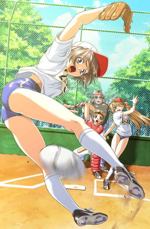 original, 4girls, action, baseball, baseball bat, baseball cap, baseball glove, buruma, glasses, gym uniform, hat, kneehighs, motion blur, multiple girls, one eye closed, socks