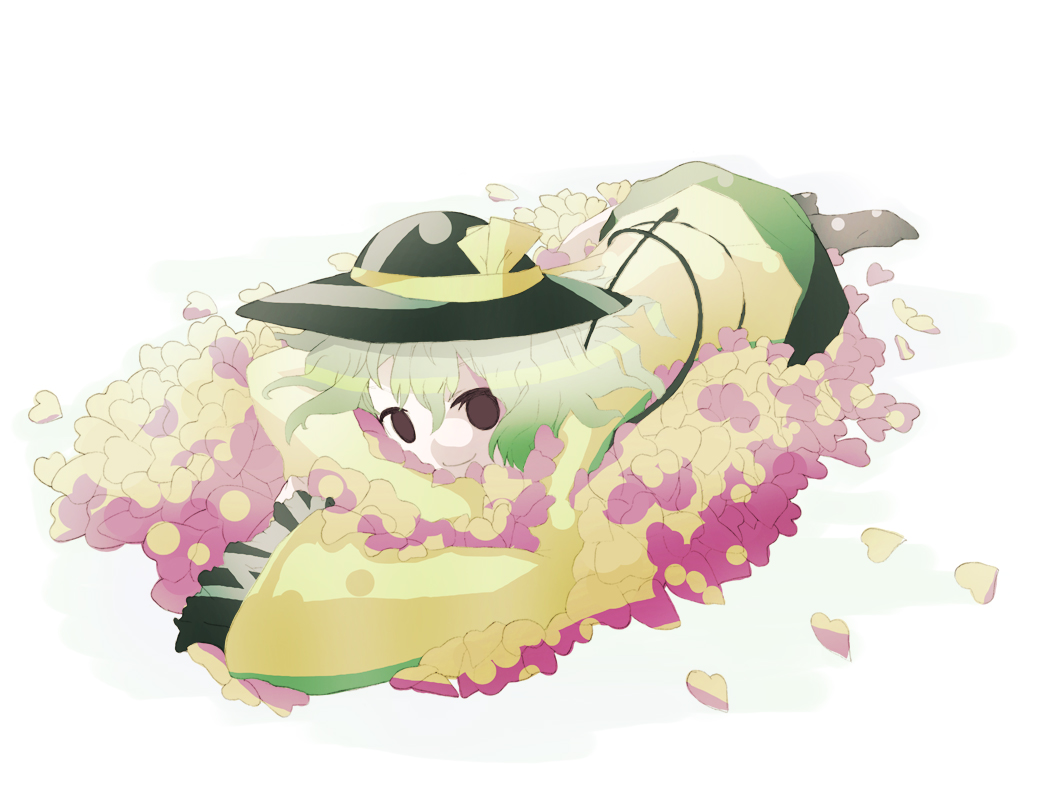 takanashi akihito, komeiji koishi, touhou, silver hair, 1girl, blush, female focus, full body, hat, heart, long sleeves, looking at viewer, petals, red eyes, short hair, simple background, solo, white background