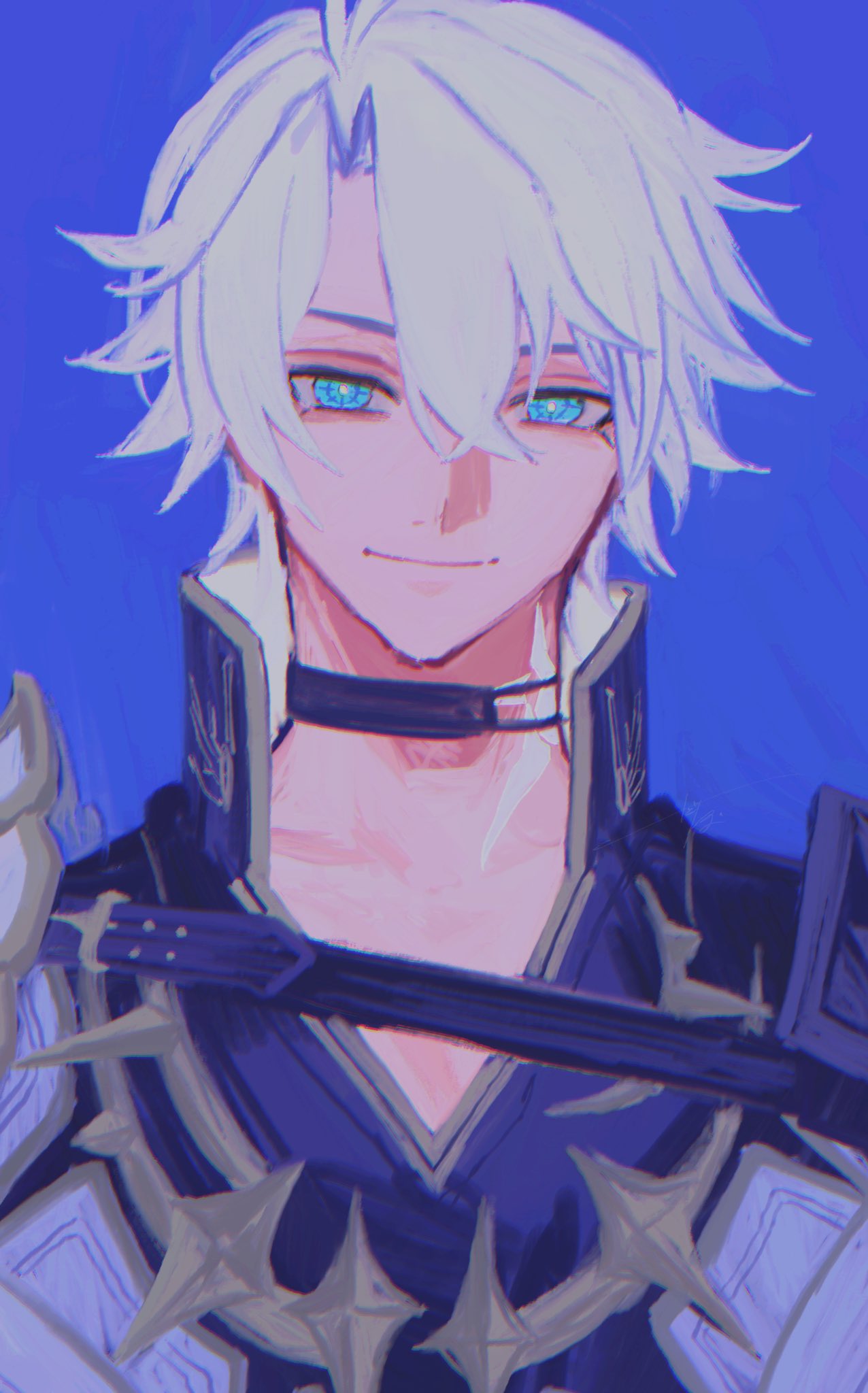 dabodabonogomu, phainon (honkai: star rail), honkai: star rail, honkai (series), highres, 1boy, antenna hair, armor, black choker, black shirt, blue eyes, choker, coat, looking at viewer, male focus, neck tattoo, parted bangs, pauldrons, shirt, short hair, shoulder armor, single pauldron, solo, sun symbol, sun tattoo, tan, tattoo, upper body, white coat, white hair
