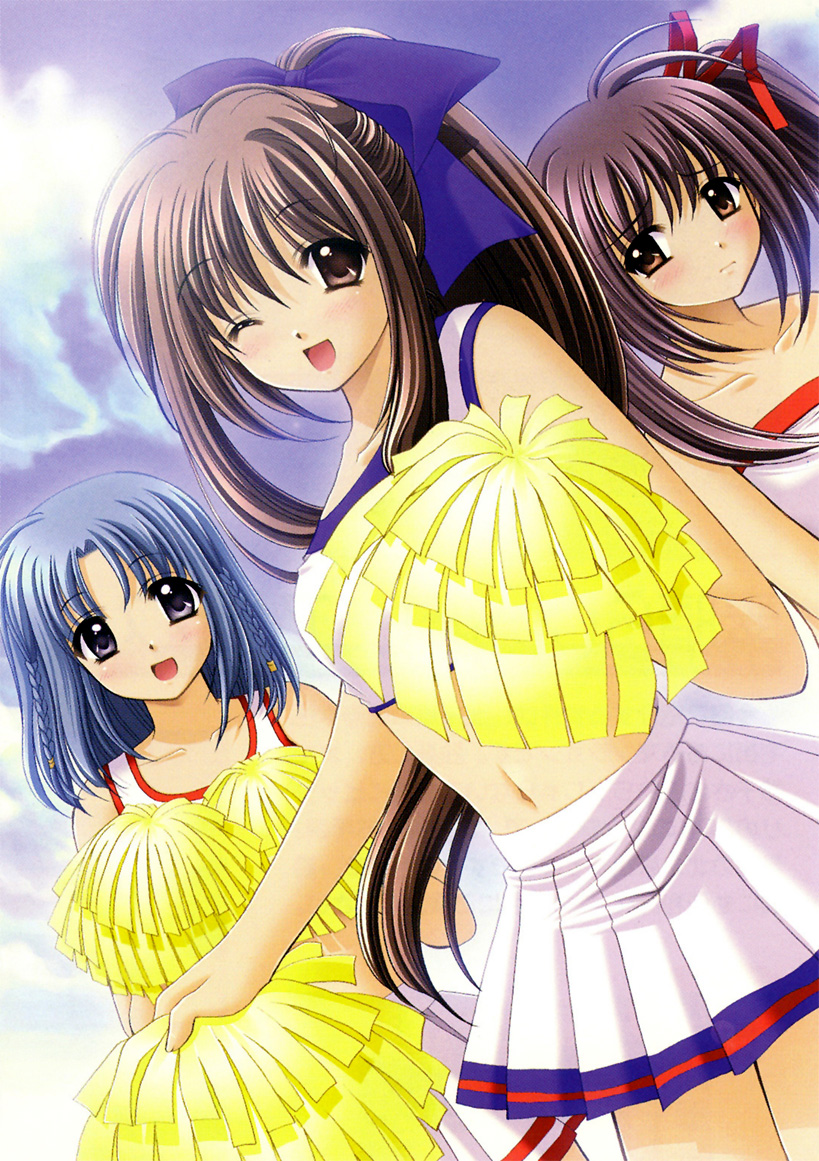 nishimata aoi, masuda shizuka, menou yurika, mizuhara akane, final approach, 00s, 3girls, blush, braid, cheerleader, cloud, day, hair ribbon, midriff, multiple girls, navel, one eye closed, pom pom (cheerleading), ponytail, ribbon, twin braids, twintails, wink