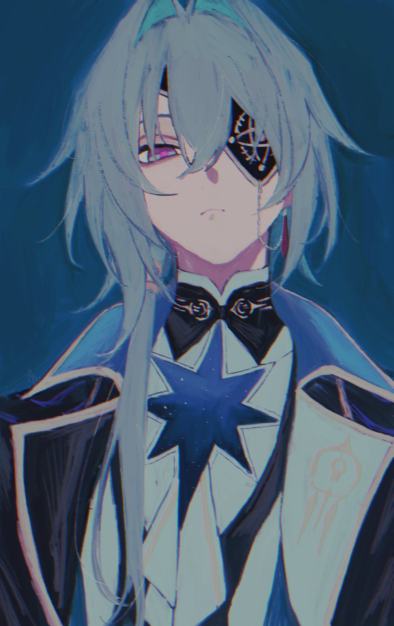 dabodabonogomu, anaxa (honkai: star rail), honkai: star rail, honkai (series), highres, 1boy, aqua hair, black coat, black vest, coat, crystal earrings, earrings, eyepatch, green background, hair intakes, hair over shoulder, jewelry, looking at viewer, low ponytail, male focus, ponytail, shirt, simple background, solo, upper body, vest, white shirt