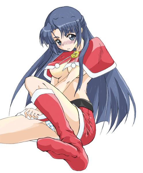 phares, asakura ryoko, suzumiya haruhi no yuuutsu, 00s, 1girl, blue eyes, blue hair, blush, breasts, female focus, kneehighs, long hair, matching hair/eyes, medium breasts, panties, pantyshot, socks, solo, striped clothes, striped panties, underboob, underwear