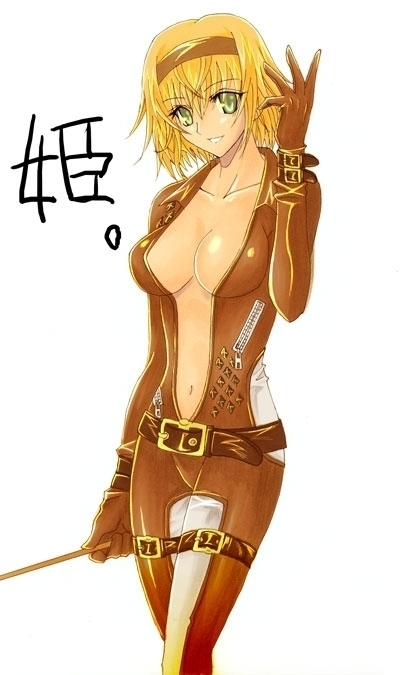 natalia luzu kimlasca lanvaldear, tales of (series), tales of the abyss, 00s, 1girl, alternate costume, belt, blonde hair, bodysuit, breasts, center opening, full-length zipper, green eyes, hairband, large breasts, navel, no bra, official alternate costume, open bodysuit, open clothes, short hair, smile, standing, zipper