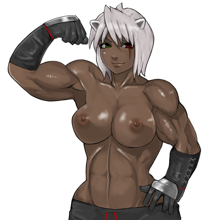 zangi, 1girl, animal ears, breasts, dark-skinned female, dark skin, female focus, gloves, heterochromia, muscular, muscular female, nipples, short hair, solo, topless female, white hair