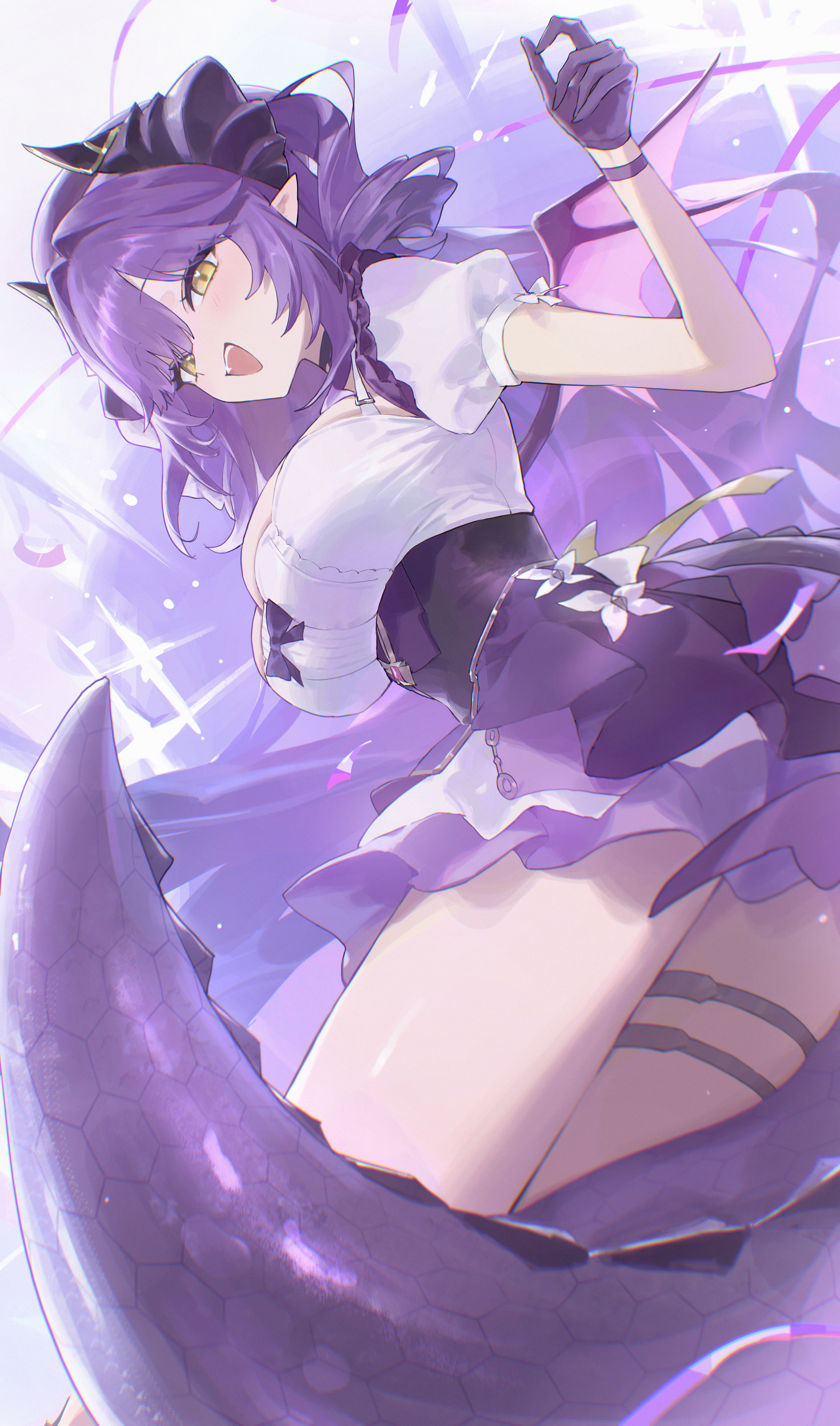 sakihane huya, stellive, absurdres, commentary request, highres, korean commentary, 1girl, belt, black horns, blush, bow, breasts, center frills, dragon girl, dragon horns, dragon tail, dragon wings, dutch angle, fangs, frilled shirt, frills, gem, gloves, gold trim, hair intakes, hand up, hat, heart, heart in eye, horns, k1m0w07, large breasts, long hair, looking at viewer, open mouth, pointy ears, purple background, purple bow, purple gemstone, purple gloves, purple hair, purple hat, purple skirt, shirt, shirt bow, short sleeves, skirt, smile, solo, symbol in eye, tail, teeth, thigh belt, thigh strap, thighs, two side up, upper teeth only, very long hair, virtual youtuber, white shirt, wings, yellow eyes