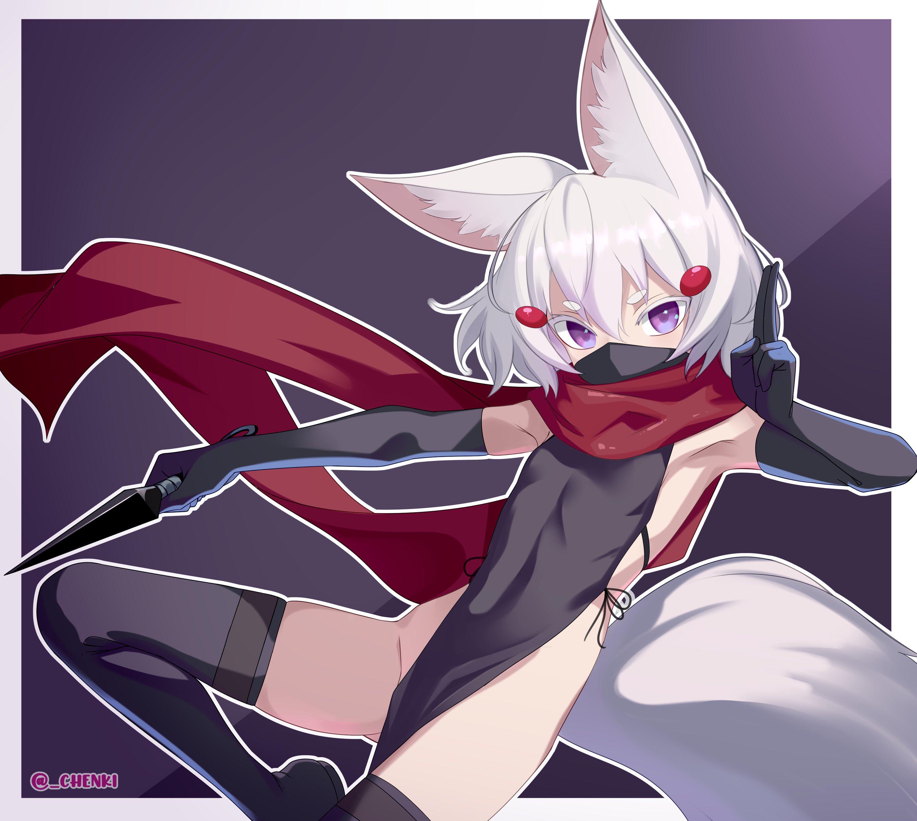 chenki (chenki), tenma maemi, phase connect, absurdres, commentary, english commentary, highres, 1girl, animal ear fluff, animal ears, artist name, black boots, black gloves, boots, elbow gloves, flat chest, fox ears, fox girl, fox tail, gloves, hair between eyes, holding, holding kunai, holding weapon, kunai, looking at viewer, mask, mouth mask, ninja, no panties, outline, pelvic curtain, purple eyes, red scarf, scarf, short hair, simple background, solo, tail, thigh boots, twitter username, virtual youtuber, weapon, white hair, white outline