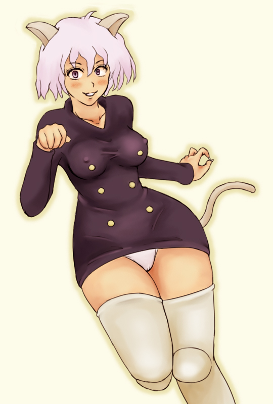 momo 765, rirakukan, neferpitou, hunter x hunter, gender request, 1girl, animal ears, blush, boots, breasts, buttons, cat ears, cat tail, covered erect nipples, dress, dutch angle, female focus, medium breasts, panties, pantyshot, paw pose, purple eyes, purple hair, short hair, solo, standing, tail, thigh boots, thighhighs, underwear, white panties