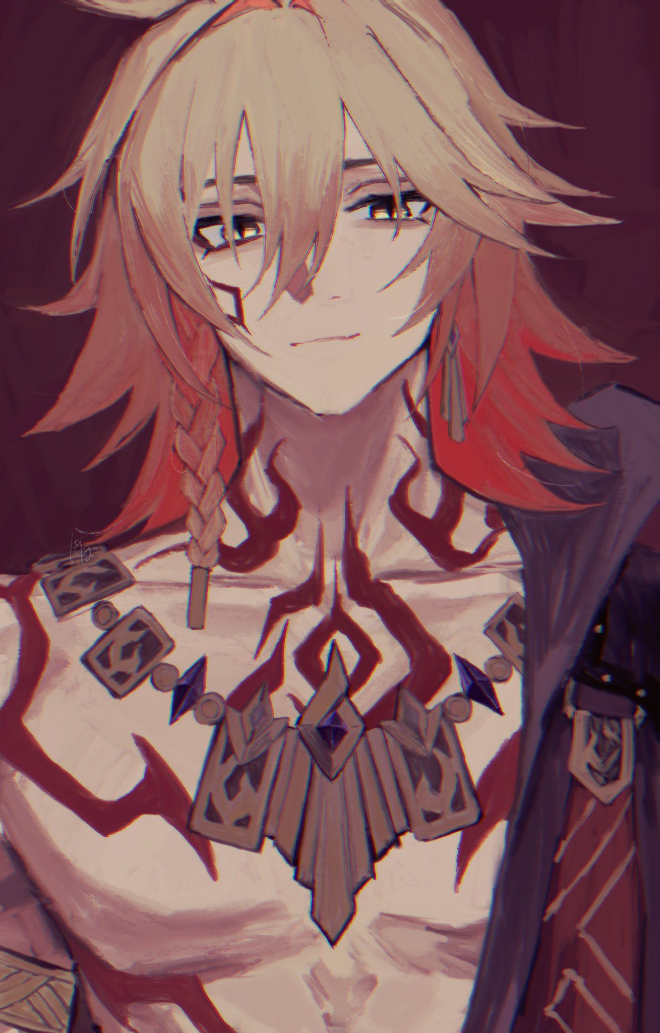 dabodabonogomu, mydei (honkai: star rail), honkai: star rail, honkai (series), highres, 1boy, armlet, bare pectorals, black coat, blonde hair, braid, chest tattoo, coat, earrings, facial tattoo, gold earrings, gold necklace, gradient hair, jewelry, looking at viewer, male focus, medium hair, multicolored hair, necklace, open clothes, open coat, pectorals, red background, red hair, red tattoo, side braid, simple background, solo, tattoo, upper body, yellow eyes