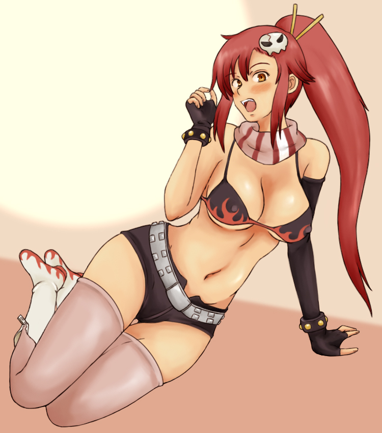 momo 765, rirakukan, yoko littner, tengen toppa gurren lagann, 00s, 1girl, belt, bikini, bikini top only, black bikini, blush, boots, breasts, cleavage, elbow gloves, female focus, fingerless gloves, gloves, hair ornament, large breasts, midriff, navel, pink thighhighs, ponytail, red hair, scarf, short shorts, shorts, solo, swimsuit, thigh gap, thighhighs, thighs, yellow eyes