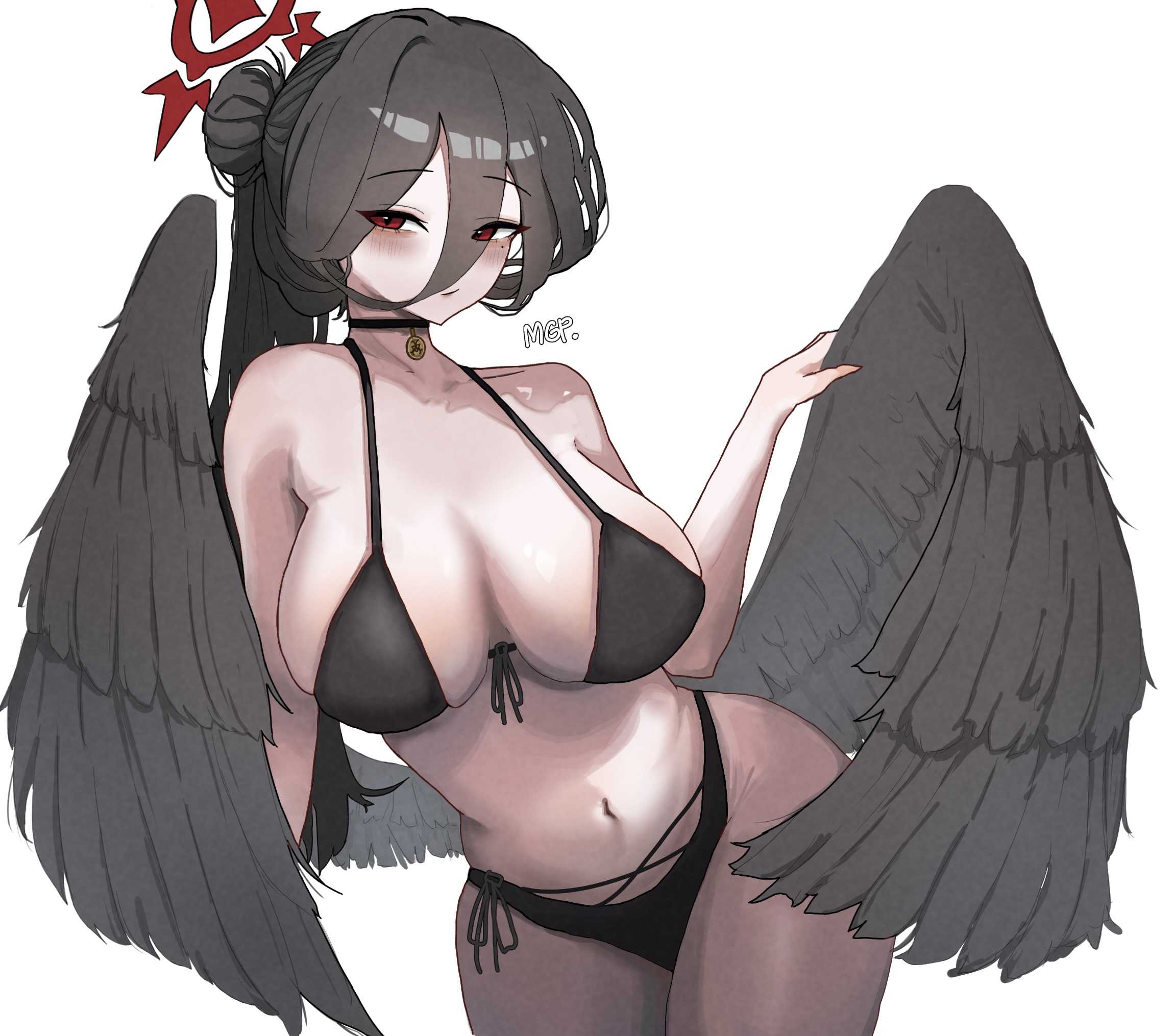 hasumi (blue archive), hasumi (swimsuit) (blue archive), blue archive, commentary, highres, 1girl, artist name, bikini, black bikini, black choker, black hair, black wings, blush, breasts, choker, double-parted bangs, feathered wings, front-tie bikini top, front-tie top, hair between eyes, halo, huge breasts, long hair, long hair between eyes, looking at viewer, mgp (duhm4225), mole, mole under eye, navel, official alternate costume, red eyes, side-tie bikini bottom, sideboob, simple background, skindentation, solo, stomach, string bikini, swimsuit, thighs, very long hair, white background, wings