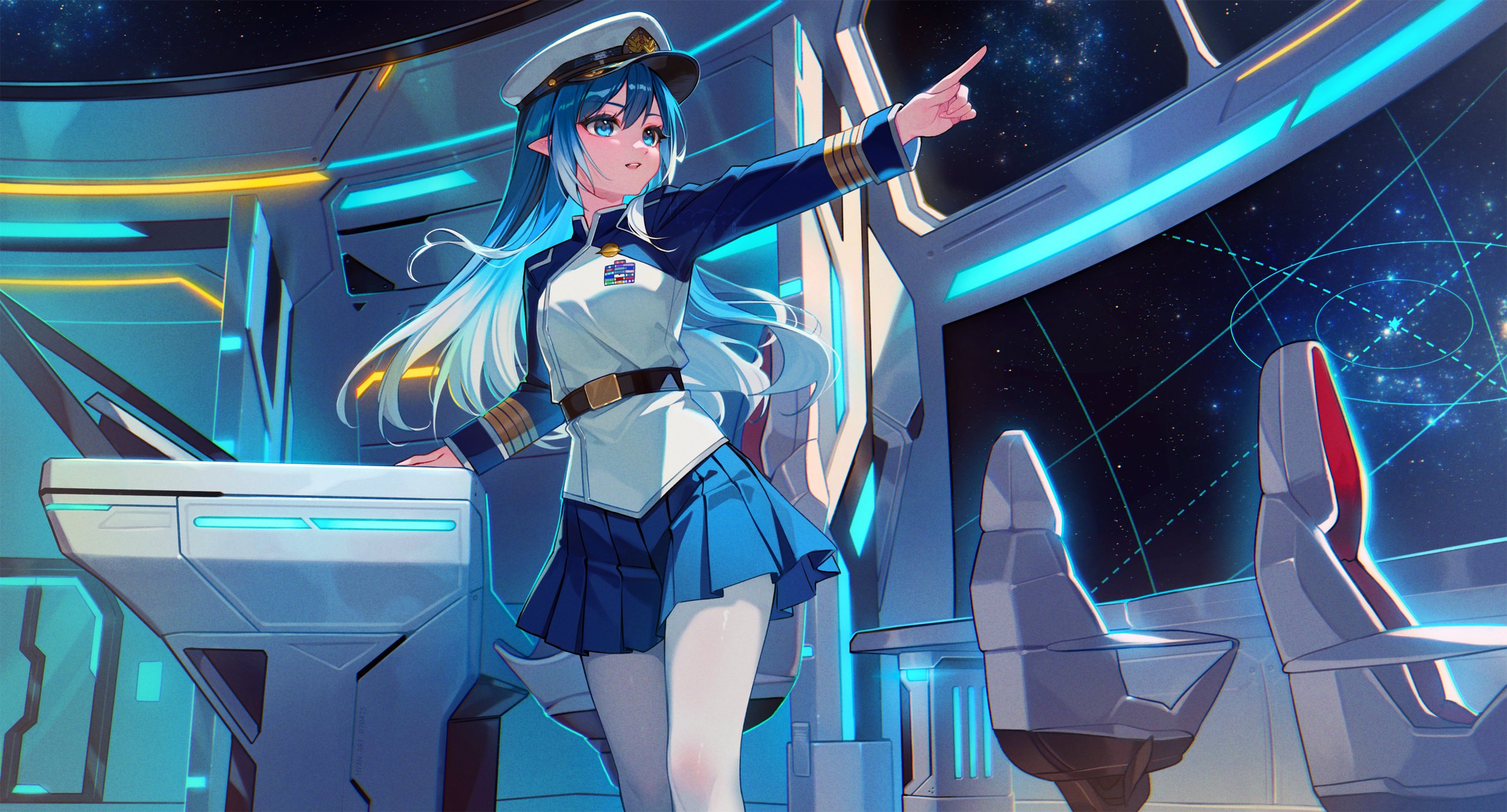 hyanna-natsu, original, commentary, commission, english commentary, highres, 1girl, belt, black belt, blue eyes, blue hair, blue skirt, index finger raised, long hair, military uniform, parted lips, pointing, pointing to the side, pointy ears, skirt, sky, solo, space, spacecraft, star (sky), starry sky, window