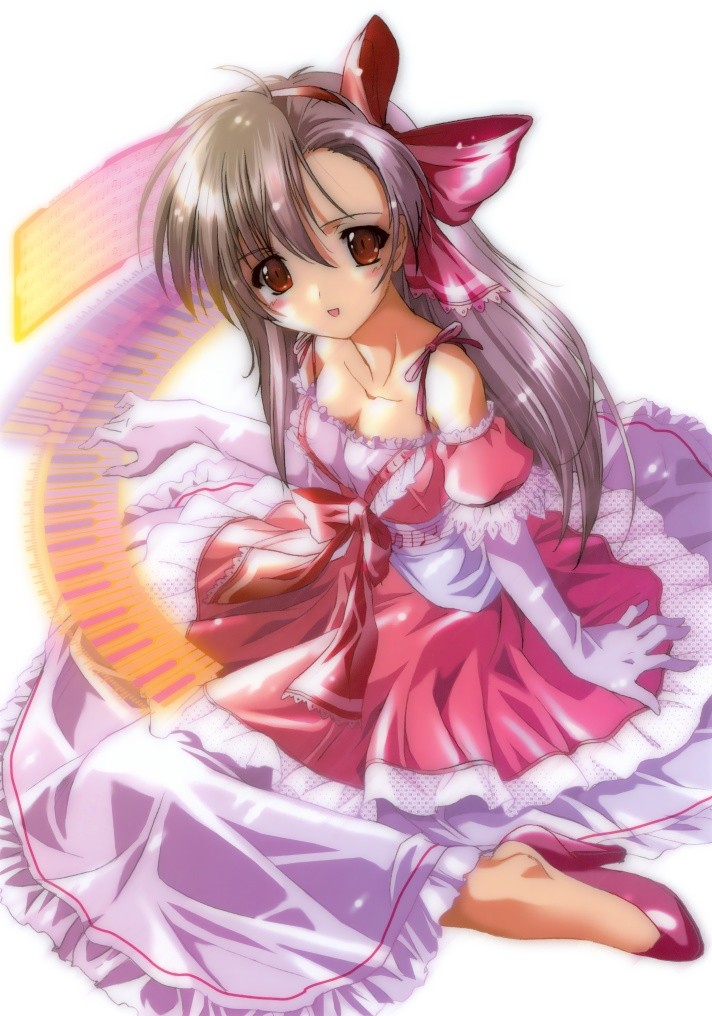 komatsu eiji, 1girl, beamed quavers, blush, bow, dress, elbow gloves, female focus, gloves, hair bow, high heels, instrument, keyboard, keyboard (instrument), musical note, musical note print, musical staff, piano, shoes, solo