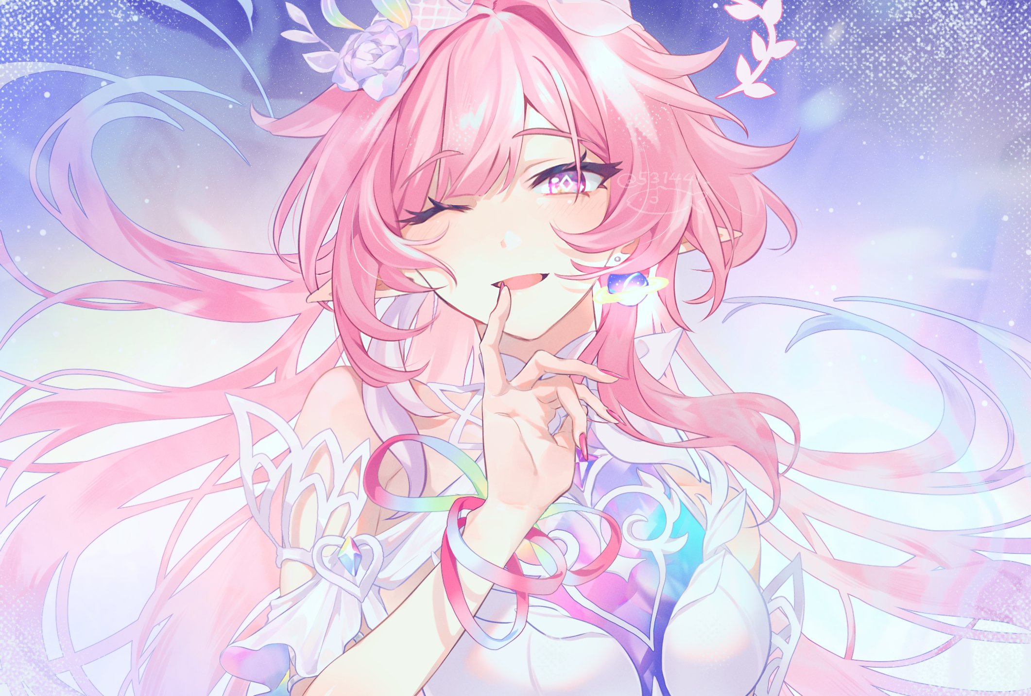cyrene (honkai: star rail), cyrene (ripples of past reverie) (honkai: star rail), honkai: star rail, honkai (series), commentary request, highres, 1girl, 531441, ;o, bare shoulders, breasts, diamond-shaped pupils, diamond (shape), dress, earrings, flower, gradient hair, hair flower, hair ornament, halo, jewelry, large breasts, long hair, multicolored hair, one eye closed, pink hair, pink nails, pointy ears, purple eyes, solo, symbol-shaped pupils, upper body, very long hair, white dress, white hair