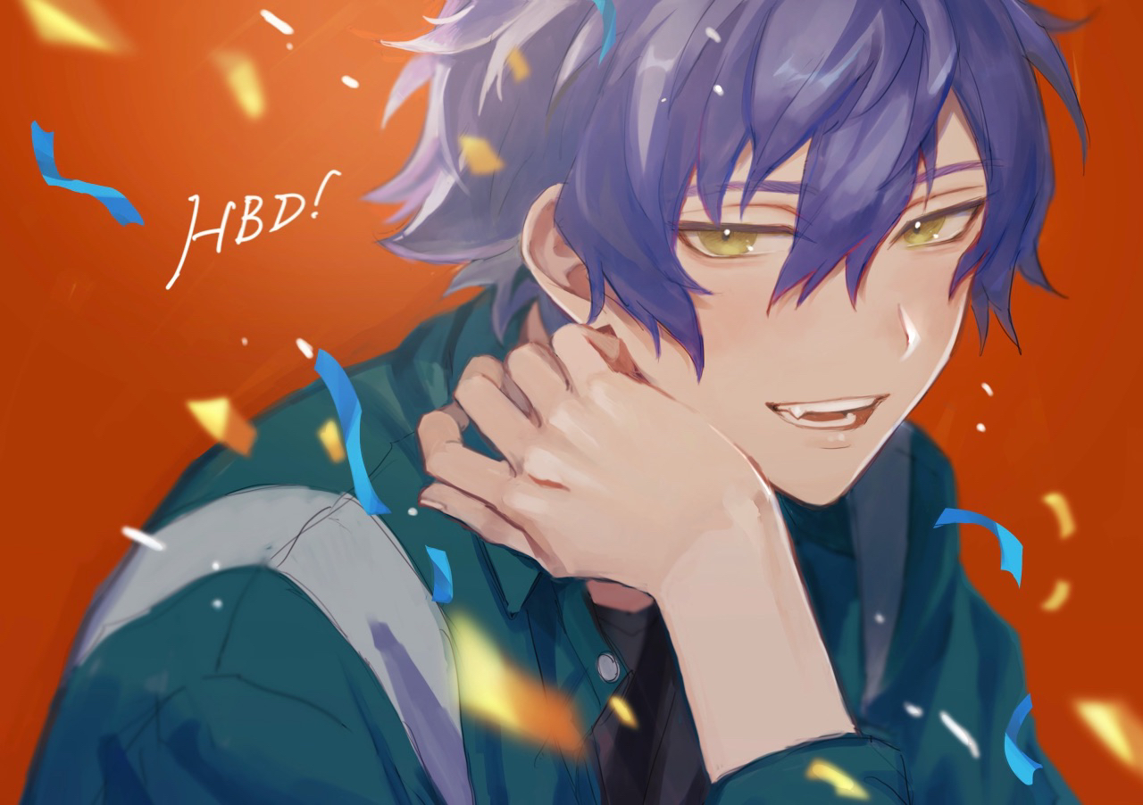 sazanami jun, ensemble stars!, 1boy, black shirt, blue hair, blush, buttons, confetti, fang, green jacket, hair between eyes, hand on own neck, hand up, happy birthday, hisohiso end, jacket, long sleeves, looking at viewer, open clothes, open jacket, open mouth, red background, shirt, short hair, silver buttons, smile, solo, spiked hair, teeth, upper body, yellow eyes