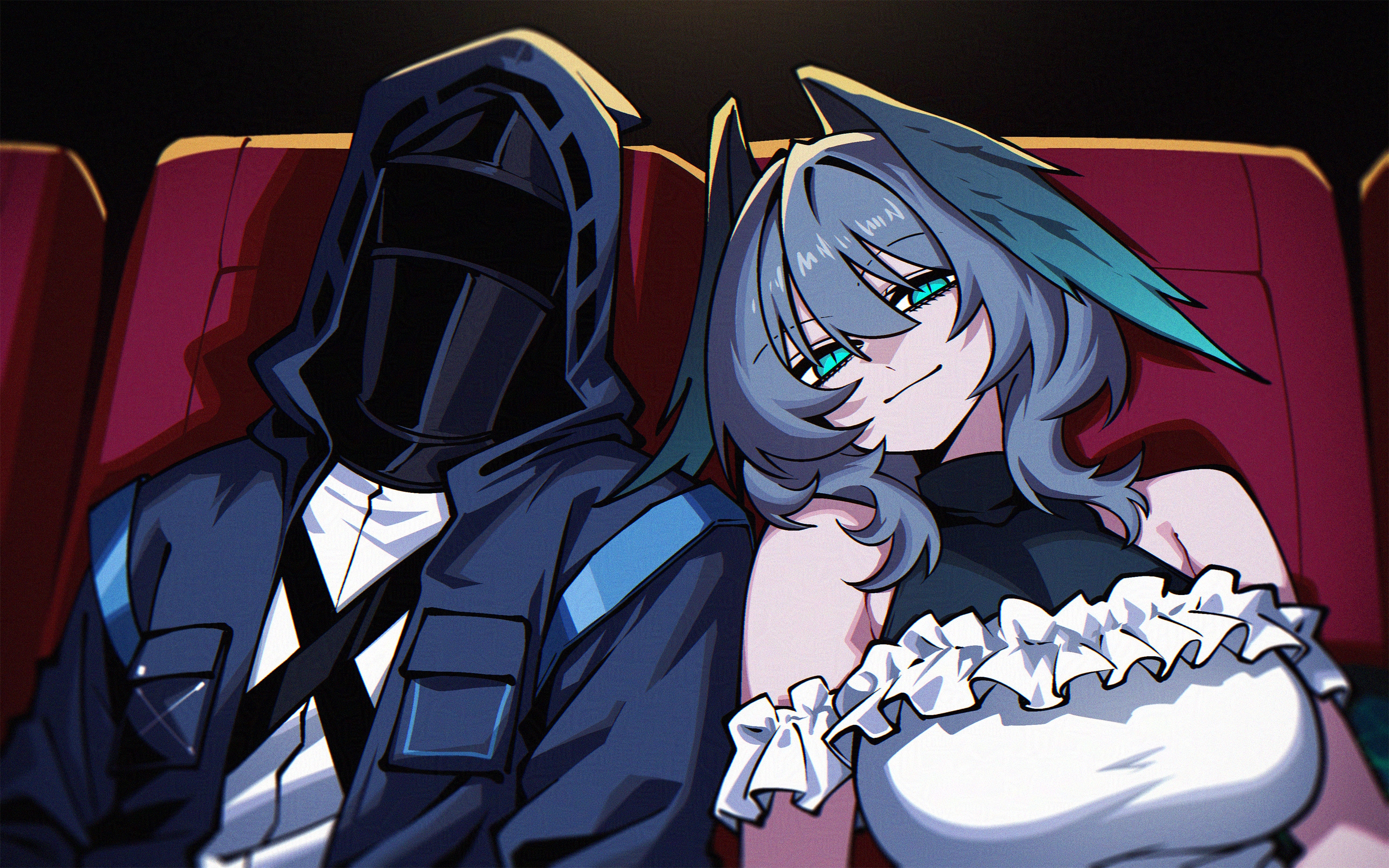 dryegen, doctor (arknights), ho'olheyak (arknights), male doctor (arknights), arknights, highres, 1boy, 1girl, aqua eyes, bare shoulders, black jacket, blue hair, breasts, closed mouth, frilled shirt, frills, hair between eyes, hood, jacket, large breasts, looking at viewer, mask, medium hair, shirt, upper body