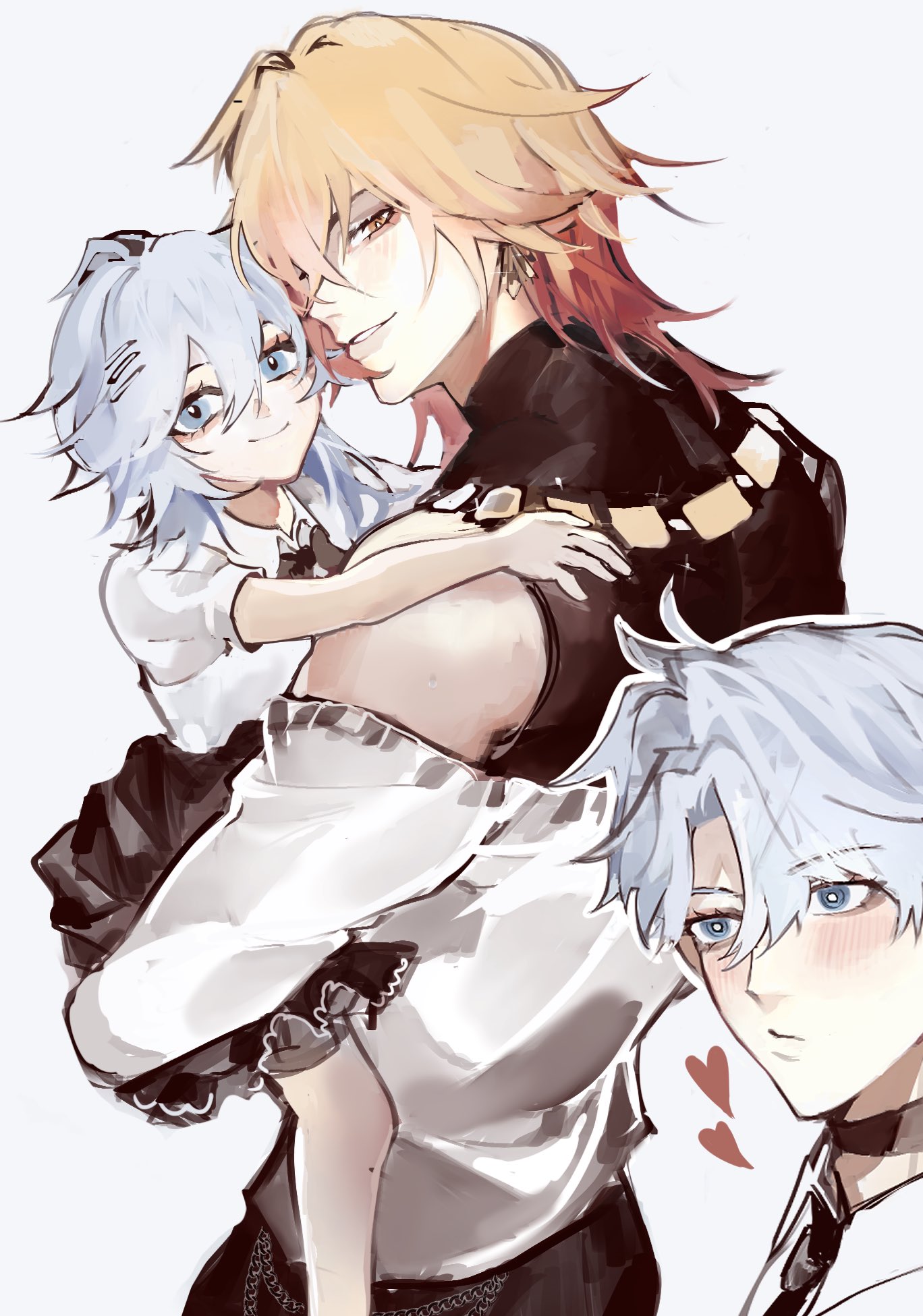 mydei (honkai: star rail), phainon (honkai: star rail), honkai: star rail, honkai (series), commentary, highres, 1girl, 223491as, 2boys, antenna hair, black bow, black choker, black skirt, blonde hair, blue eyes, blush, bow, choker, collared shirt, earrings, gold earrings, gradient hair, jewelry, medium hair, multicolored hair, multiple boys, off shoulder, parted bangs, red hair, shirt, short hair, simple background, skirt, sleeveless, sleeveless shirt, sleeveless turtleneck, turtleneck, white background, white hair, white shirt, yaoi, yellow eyes