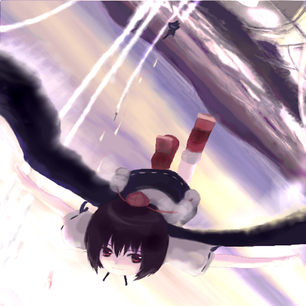 tsubasa (abchipika), kirisame marisa, shameimaru aya, touhou, 2girls, black hair, black wings, contrail, female focus, flying, geta, missile, multiple girls, red eyes, skirt, tengu-geta, wings