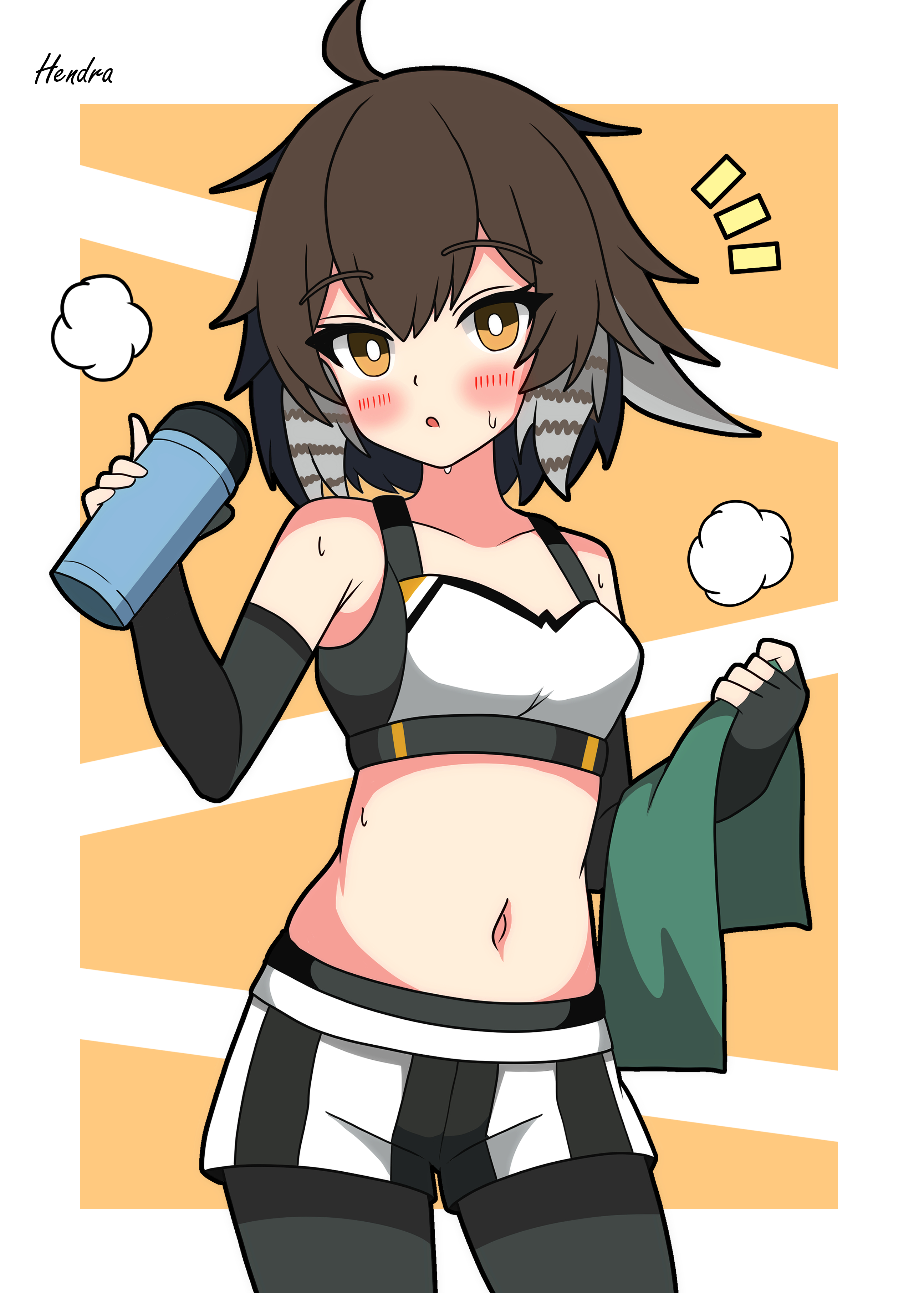 hendra, plume (arknights), arknights, absurdres, commentary request, highres, partial commentary, 1girl, ahoge, artist name, bird girl, blush, bottle, breasts, brown hair, feather hair, gloves, grey hair, holding, holding towel, looking at viewer, multicolored hair, navel, notice lines, open mouth, orange background, short hair, short shorts, shorts, signature, simple background, small breasts, solo, sports bra, towel, two-tone hair, water bottle, white sports bra