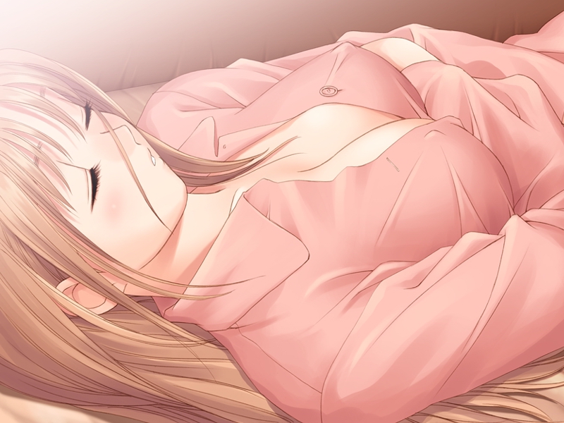 tony taka, shiomiya kanami, after (game), after sweet kiss, game cg, 00s, 1girl, breasts, brown hair, closed eyes, covered erect nipples, female focus, long hair, lying, on back, sleeping, solo, unbuttoned