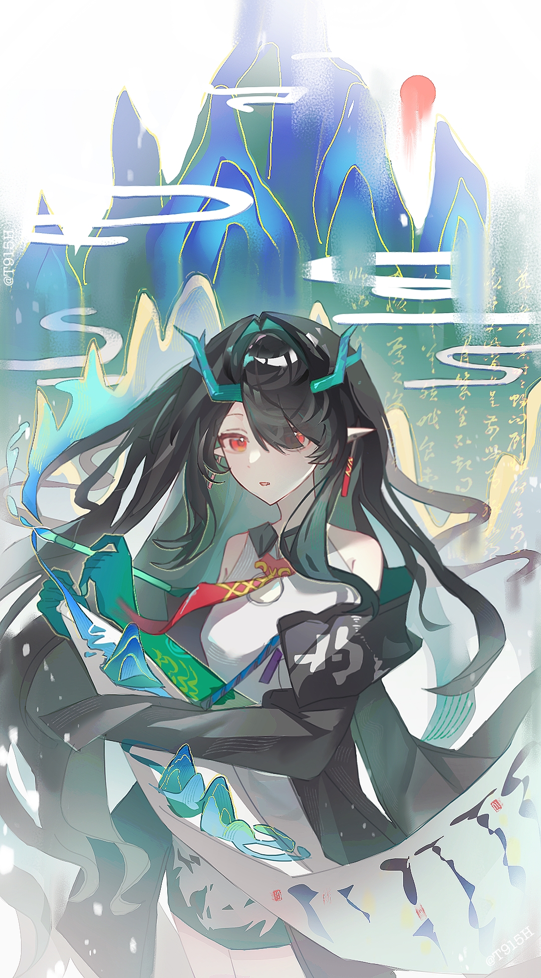 dusk (arknights), arknights, chinese commentary, commentary request, highres, 1girl, bare shoulders, black coat, black hair, calligraphy brush, coat, colored extremities, cowboy shot, dragon girl, dragon horns, dress, earrings, hair between eyes, hair over one eye, holding, holding calligraphy brush, holding paintbrush, horns, jewelry, jiu yi wu, long hair, looking at viewer, magic, necktie, off shoulder, paintbrush, parted lips, pointy ears, red eyes, red necktie, scroll, sleeveless, sleeveless dress, solo, standing, white dress
