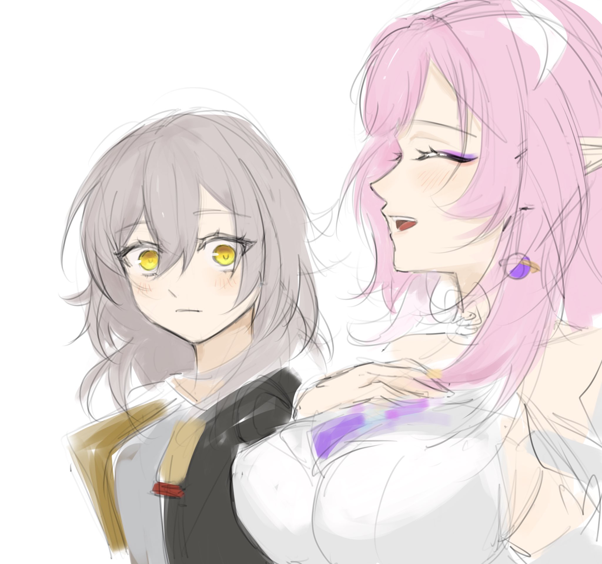 cyrene (honkai: star rail), cyrene (ripples of past reverie) (honkai: star rail), stelle (honkai: star rail), trailblazer (honkai: star rail), honkai: star rail, honkai (series), commentary, english commentary, highres, 2girls, black coat, breast awe, breasts, coat, dress, earrings, grey hair, hand on own chest, jewelry, large breasts, long hair, looking at breasts, medium breasts, medium hair, multiple girls, pointy ears, shirt, simple background, smile, very long hair, white background, white dress, white shirt, yellow eyes, yuri, yurilover123