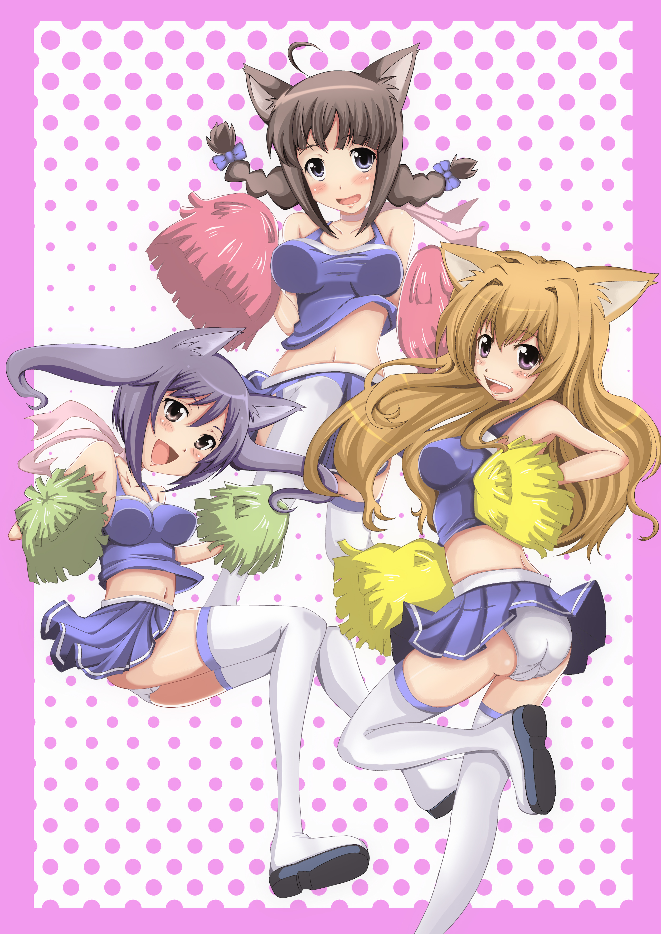yotsuha (little squash), original, absurdres, bad id, bad pixiv id, highres, 3girls, animal ears, braid, brown hair, cat ears, cheerleader, long hair, multiple girls, panties, pom pom (cheerleading), purple hair, thighhighs, twin braids, twintails, underwear, zettai ryouiki