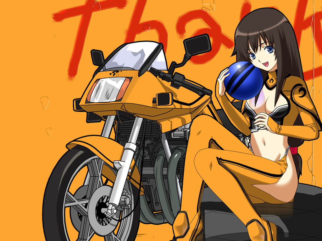 vehicle, 1girl, blue eyes, breasts, cleavage, female focus, medium breasts, midriff, motor vehicle, motorcycle, navel, smile, solo