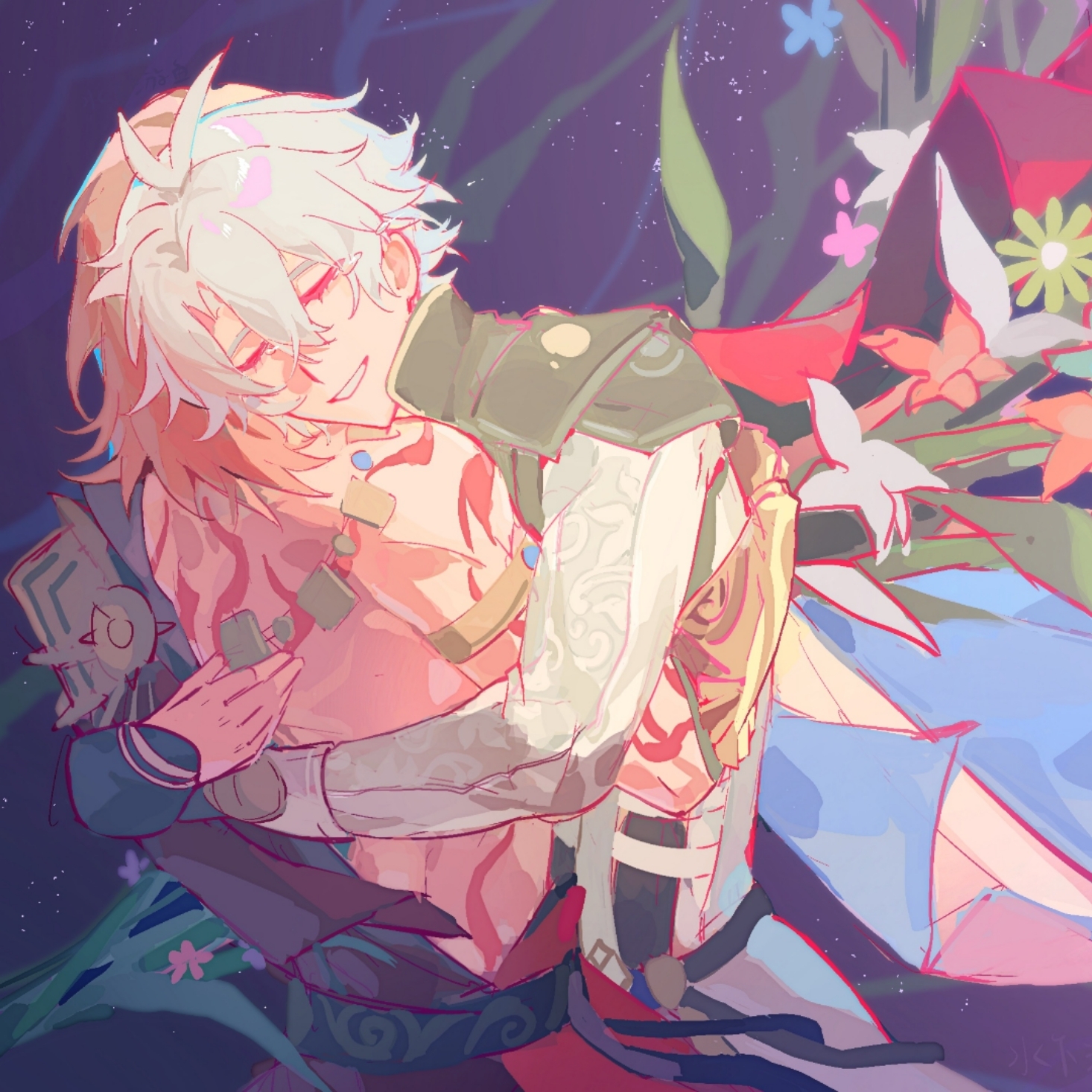 mydei (honkai: star rail), phainon (honkai: star rail), honkai: star rail, honkai (series), chinese commentary, commentary request, highres, 2boys, abai452539, antenna hair, arm tattoo, armlet, armor, back tattoo, black choker, black coat, black shirt, blonde hair, blue cape, cape, choker, clawed gauntlets, closed eyes, coat, earrings, gold earrings, gold necklace, gradient hair, hug, jewelry, medium hair, multicolored hair, multiple boys, neck tattoo, necklace, open clothes, open coat, parted bangs, pauldrons, red hair, red tattoo, shirt, short hair, shoulder armor, single pauldron, sun symbol, sun tattoo, tan, tattoo, tears, white coat, white hair, yaoi