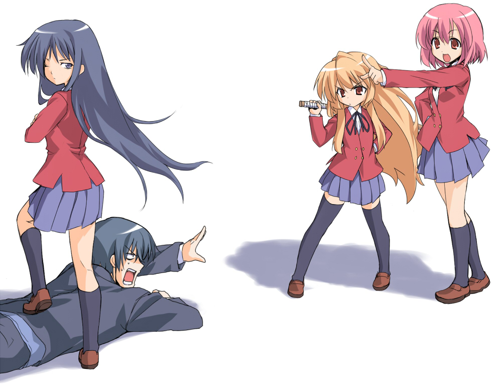 take shinobu, takesinobu, aisaka taiga, kanou sumire, kawashima ami, kushieda minori, takasu ryuuji, toradora!, bad id, bad pixiv id, 00s, 1boy, 3girls, blue eyes, blue hair, bokken, brown eyes, brown hair, kneehighs, long hair, multiple girls, pointing, red eyes, red hair, school uniform, short hair, simple background, socks, sword, thighhighs, weapon, wooden sword