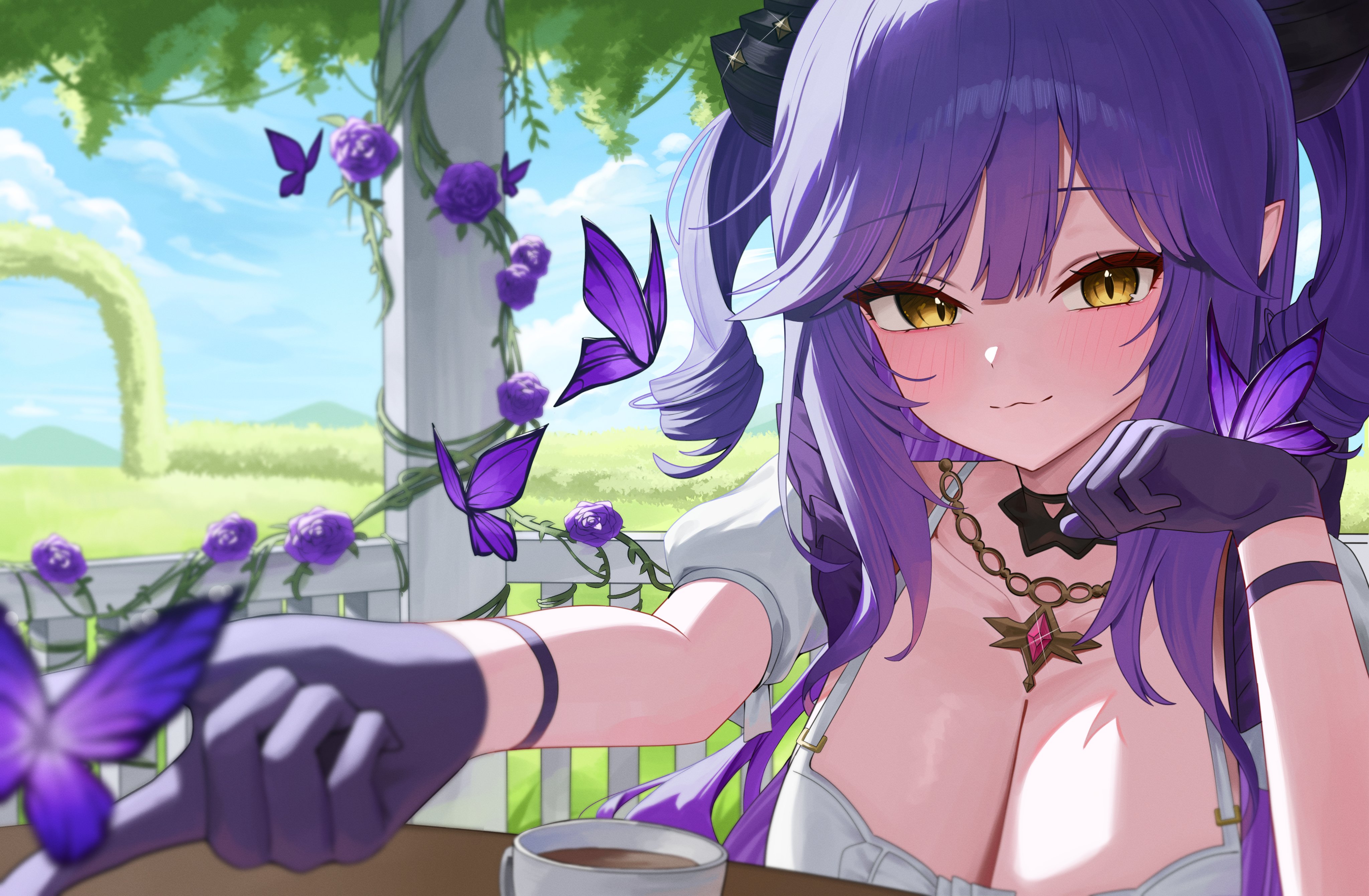 poppo myupunk98, sakihane huya, stellive, absurdres, hashtag-only commentary, highres, 1girl, :3, blue sky, blush, breasts, bug, butterfly, butterfly on hand, cleavage, closed mouth, cloud, coffee mug, cup, day, dragon girl, dragon horns, flower, garden, gem, glint, gloves, gold necklace, grass, hair between eyes, hand up, horns, insect, jewelry, large breasts, long hair, looking at viewer, mountainous horizon, mug, necklace, outdoors, outstretched arm, plant, pointy ears, purple butterfly, purple flower, purple gemstone, purple gloves, purple hair, shirt, short sleeves, sky, slit pupils, smile, solo, table, two side up, very long hair, vines, virtual youtuber, white shirt, wrist straps, yellow eyes
