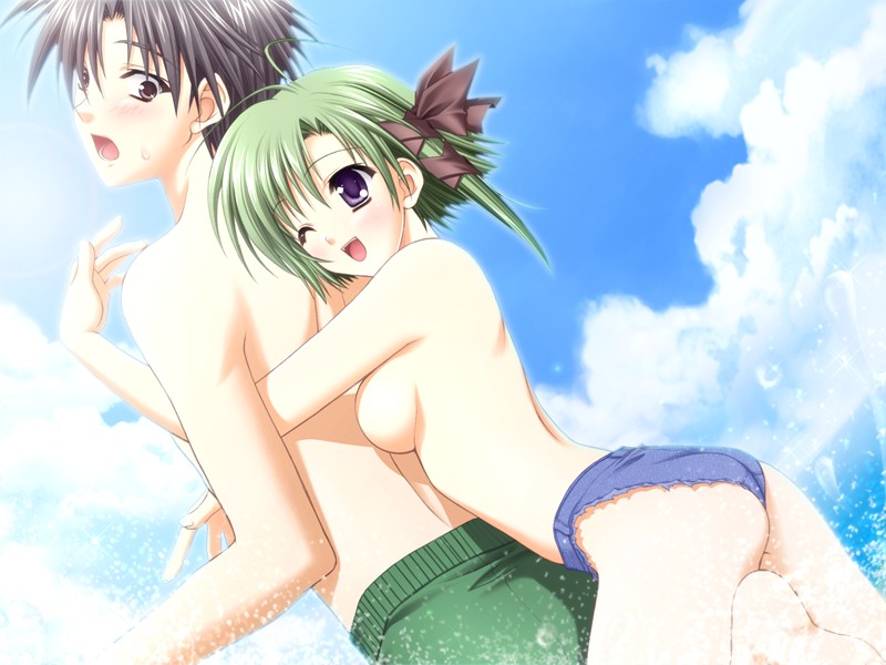 suzuhira hiro, shigure asa, tsuchimi rin, shuffle!, game cg, official art, 00s, 1boy, 1girl, ass, bare back, bare shoulders, black eyes, black hair, blue eyes, blush, breast press, breasts, cloud, couple, day, denim, denim shorts, dutch angle, green hair, happy, hetero, hug, hug from behind, looking back, medium breasts, one eye closed, outdoors, ribbon, short hair, shorts, shy, sideboob, sky, sweat, topless female, water, wink
