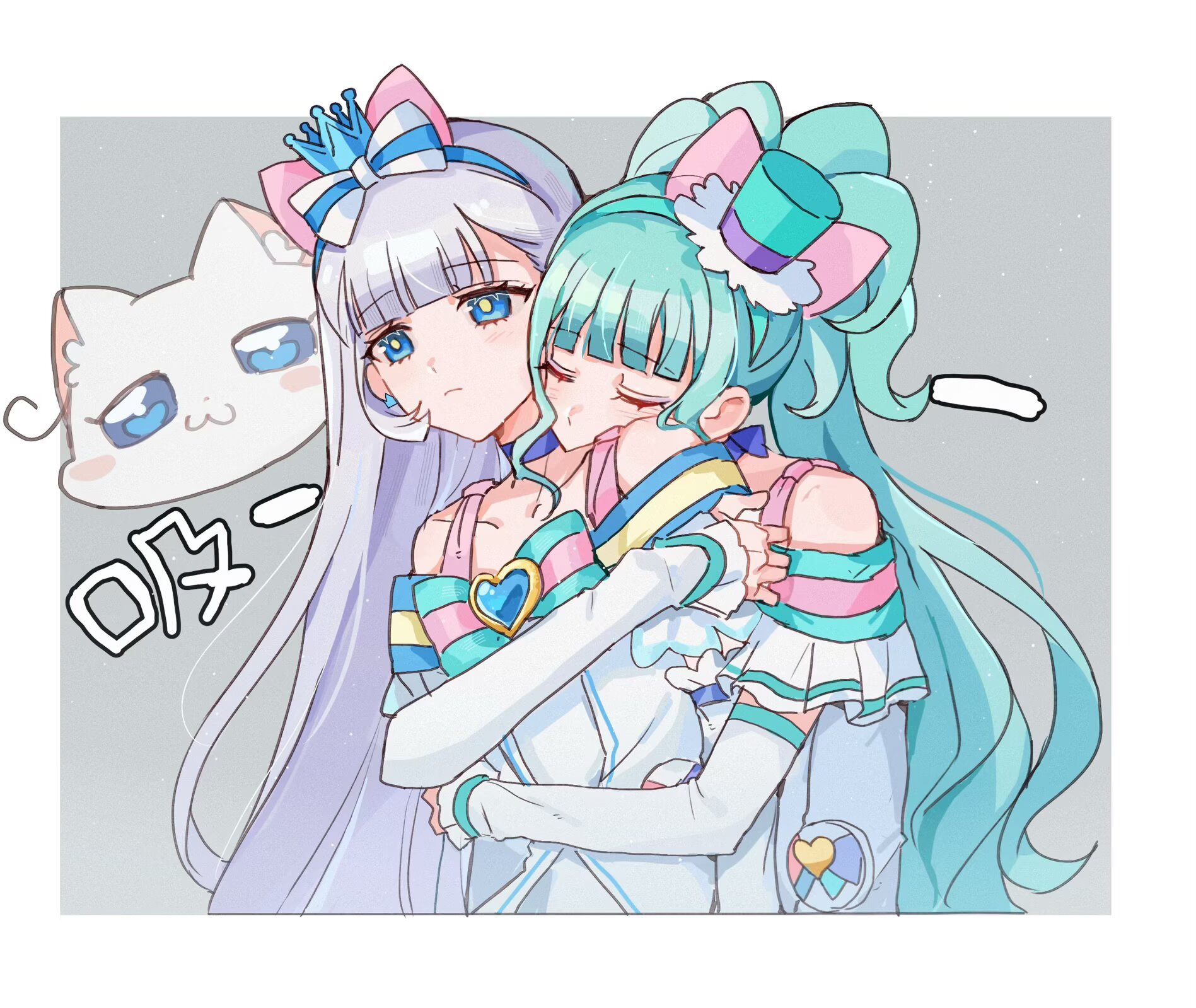 xiongbingbisata, cure lillian, cure nyammy, nekoyashiki mayu, nekoyashiki yuki, nekoyashiki yuki (cat), precure, wonderful precure!, commentary, highres, symbol-only commentary, 2girls, aqua hair, blue choker, blue eyes, blue hairband, border, bow, bow hairband, choker, closed eyes, collarbone, crown, dress, earrings, expressionless, grey background, hair bow, hairband, hat, hug, hug from behind, jewelry, long hair, magical girl, mini crown, mini hat, mini top hat, multiple girls, off-shoulder dress, off shoulder, outside border, purple hair, top hat, white border, white dress