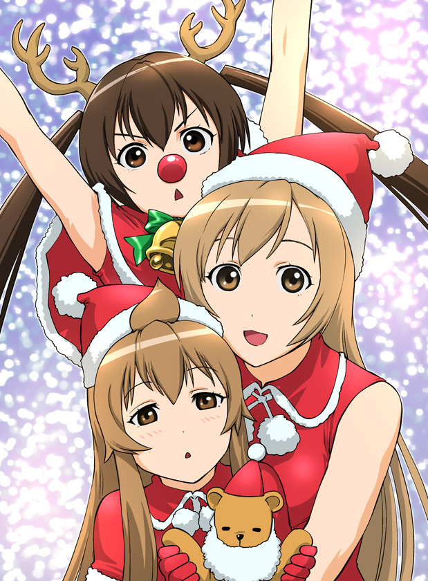 ueyama michirou, fujioka-kuma (minami-ke), minami chiaki, minami haruka, minami kana, minami-ke, 00s, 3girls, ahoge, antlers, arms up, bell, brown eyes, brown hair, christmas, hat, horns, long hair, looking at viewer, multiple girls, o/, open mouth, outstretched arms, santa costume, santa hat, siblings, sisters, twintails