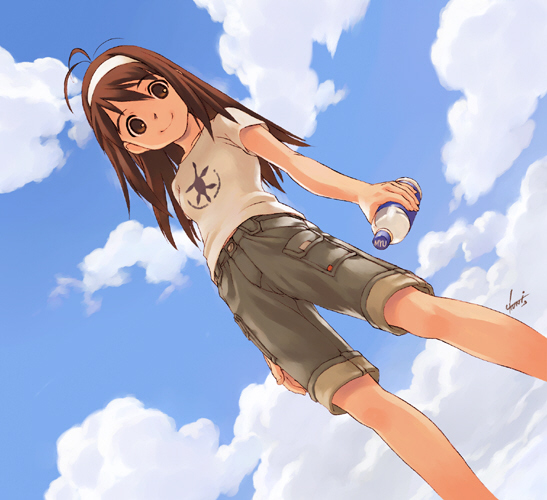 tanaka kunihiko, 1girl, antenna hair, bottle, brown eyes, brown hair, cloud, day, female focus, from below, hairband, headband, shorts, signature, sky, smile, solo, standing, water bottle