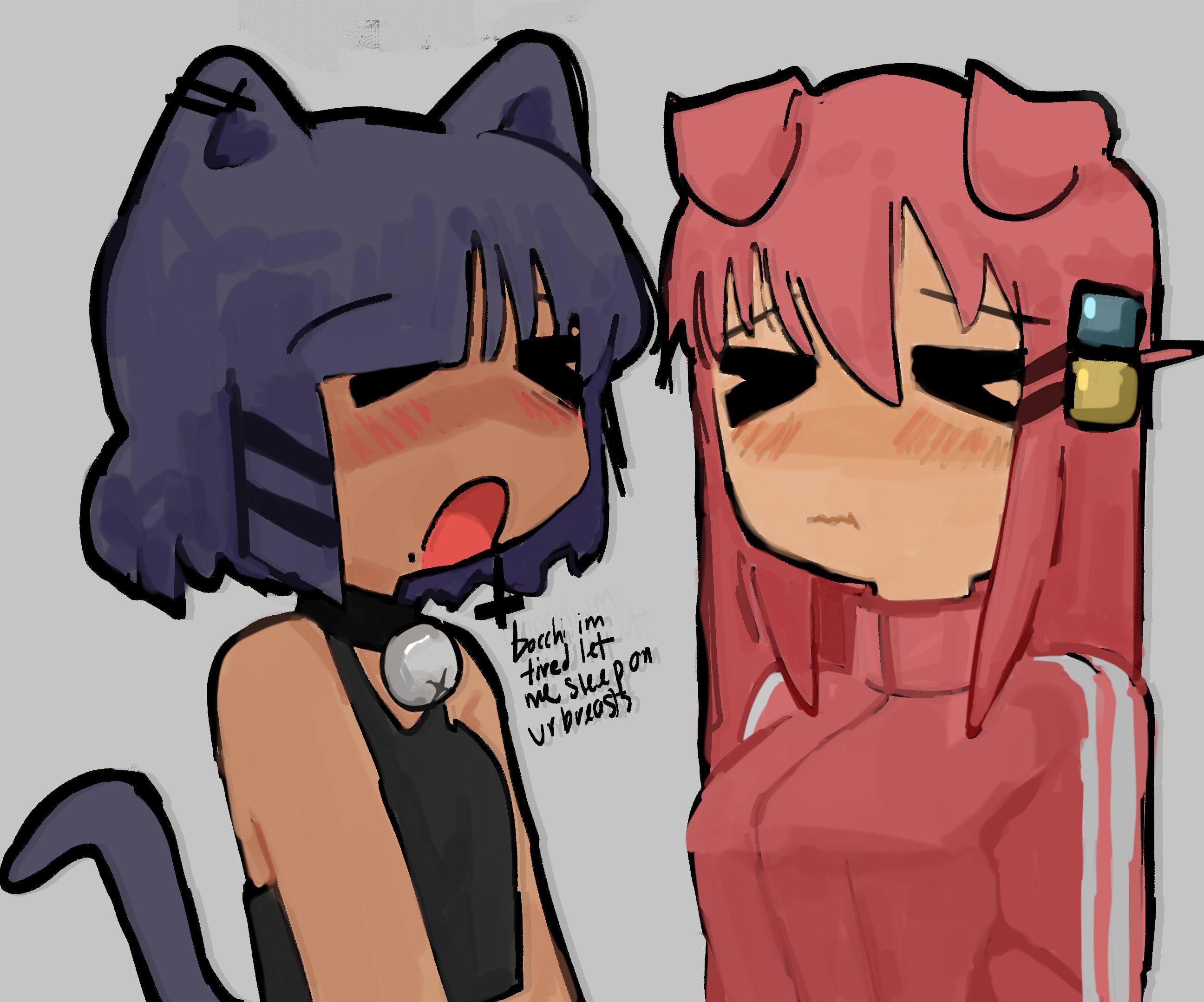 gotoh hitori, yamada ryo, bocchi the rock!, highres, > <, 2girls, ahoge, belt collar, black choker, black tank top, blush, breasts, cat girl, choker, closed mouth, collar, cube hair ornament, grey background, hair between eyes, hair ornament, hairclip, long hair, medium breasts, multiple girls, open mouth, pink track suit, short hair, simple background, tank top, track suit, upper body, wavy mouth, yuri