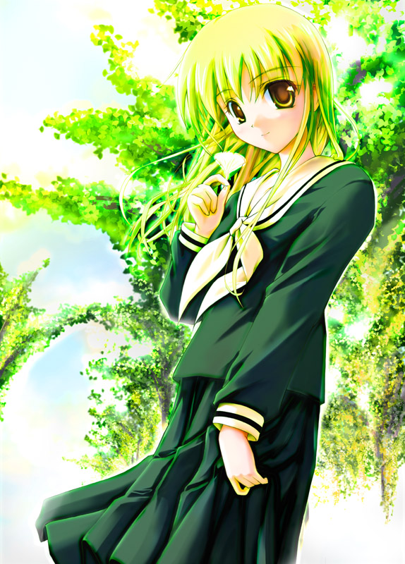 onsokuzekuu, toudou shimako, maria-sama ga miteru, 00s, 1girl, blonde hair, female focus, flower, ginkgo leaf, leaf, school uniform, serafuku, smile, solo, sunlight, tree, yellow eyes