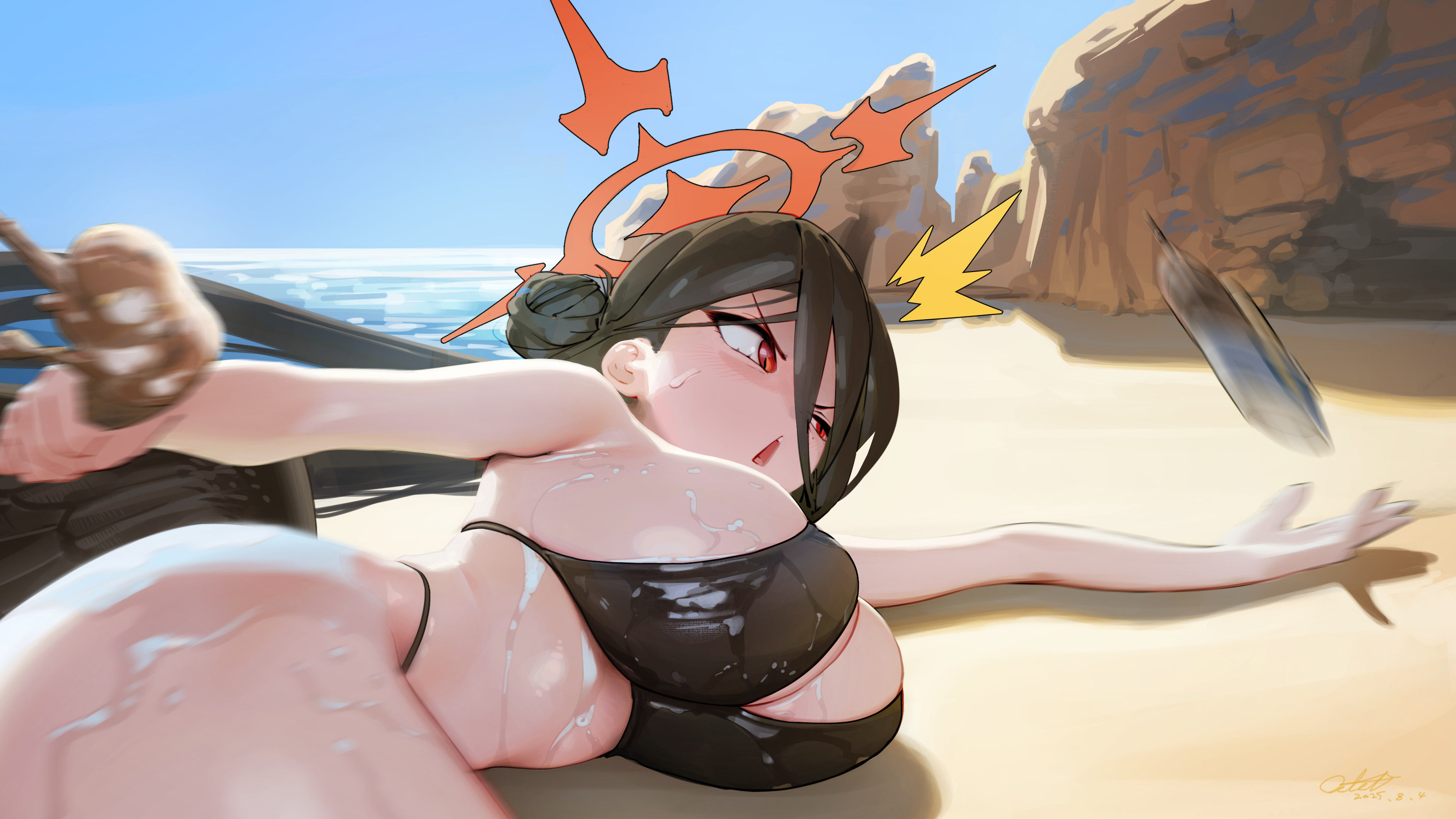 oclet, hasumi (blue archive), hasumi (swimsuit) (blue archive), blue archive, absurdres, highres, 1girl, bare shoulders, beach, bikini, black bikini, black hair, black wings, blurry, blush, breasts, dated, day, feathered wings, hair between eyes, hair bun, halo, highleg, highleg bikini, holding, huge breasts, long hair, long hair between eyes, low wings, lying, mole, mole under eye, ocean, official alternate costume, on side, open mouth, outdoors, reaching, red eyes, red halo, sand, signature, skindentation, sky, slit pupils, solo, sweat, swimsuit, thighs, water, wings