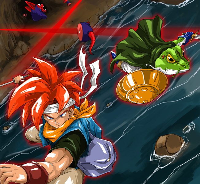 redlark, crono (chrono trigger), frog (chrono trigger), chrono (series), chrono trigger, 1990s (style), 1boy, bandana, cape, male focus, mouse (animal), red hair, retro artstyle, sword, weapon